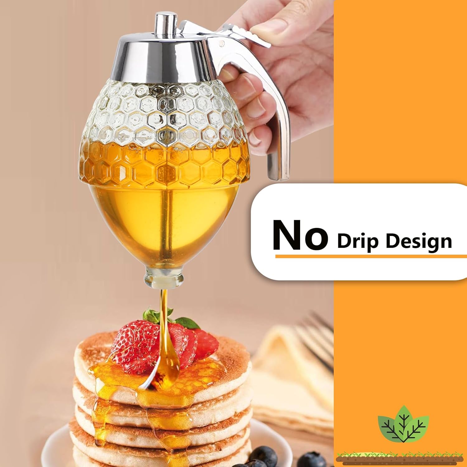 Honey Dispenser, Glass Honey Dispenser No Drip, Honey Pot with Stand, 8 oz Honey Jar, Maple Syrup Honey Container, Elegant Honeycomb Design for Home Decor for Any Occasion