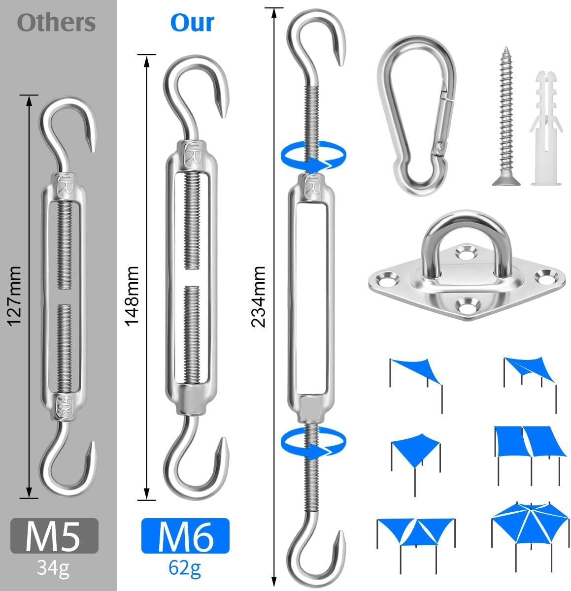 Sun Shade Sail Hardware Kit 6 Inch for Rectangle & Triangle Shade Sail Install, Stainless Steel Shade Sail Fixing Accessories for Outdoor Patio Canopy Garden, Heavy Duty Awning Attachment Set 44 Pcs