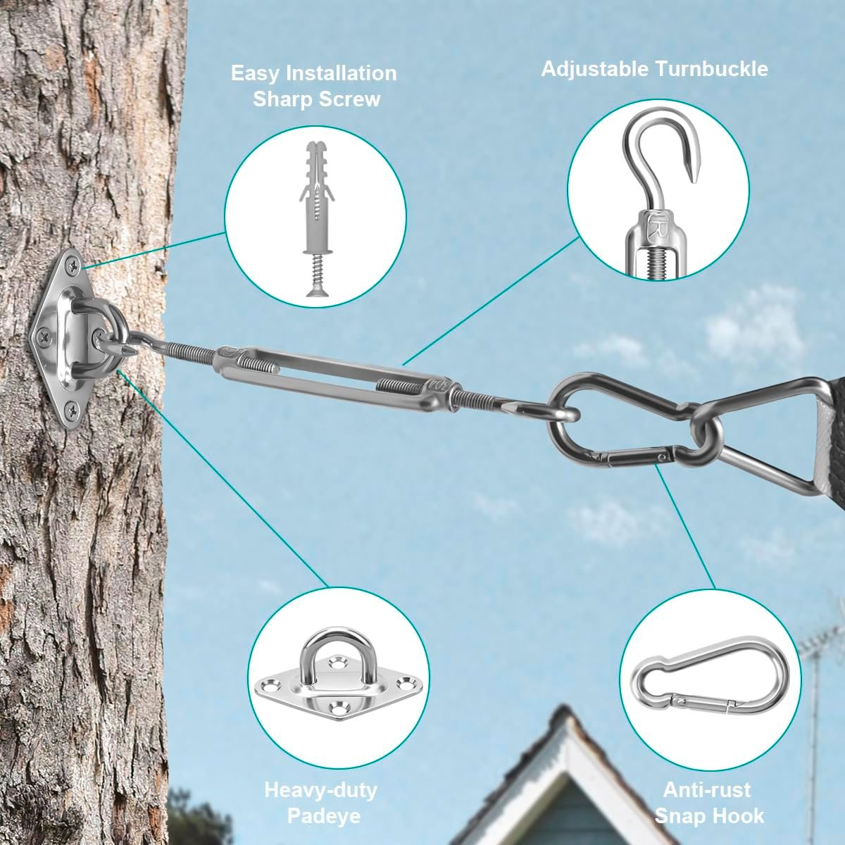 Sun Shade Sail Hardware Kit 6 Inch for Rectangle & Triangle Shade Sail Install, Stainless Steel Shade Sail Fixing Accessories for Outdoor Patio Canopy Garden, Heavy Duty Awning Attachment Set 44 Pcs