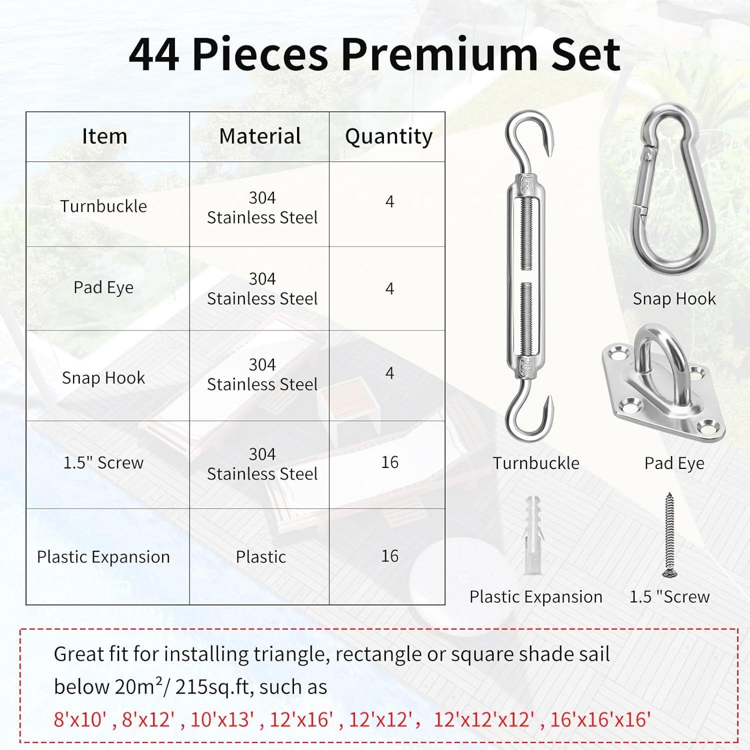 Sun Shade Sail Hardware Kit 6 Inch for Rectangle & Triangle Shade Sail Install, Stainless Steel Shade Sail Fixing Accessories for Outdoor Patio Canopy Garden, Heavy Duty Awning Attachment Set 44 Pcs