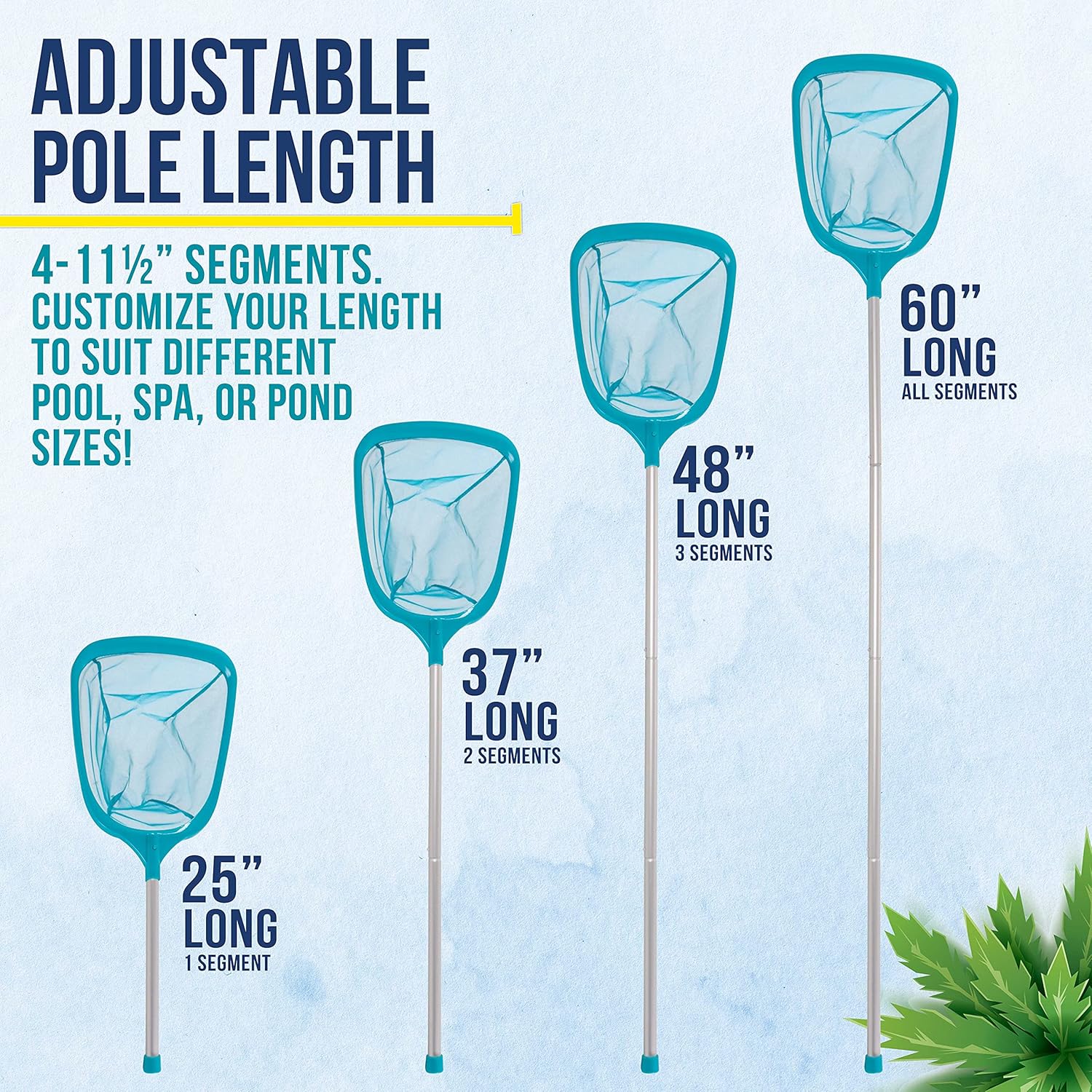 Swimming Pool 5 Foot Leaf Skimmer Net with 4 Aluminum Pole Sections - 6" Deep Ultra Fine Mesh Netting Bag Basket for Fast Cleaning of The Finest Debris - 60" Long, Clean Spas, Ponds