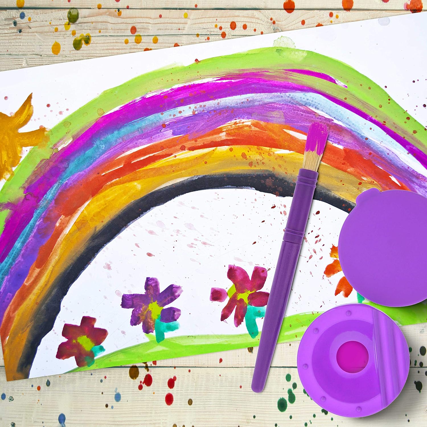 10 Piece Children's No Spill Paint Cups with Colored Lids and 10 Piece Large Round Brush Set with Plastic Handles