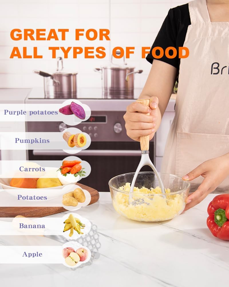 Potato Masher with Wooden Handle, Manual Potato Press for Kitchen Tool, Aluminum Alloy Potato Ricer For Fluffy Mashed Potato