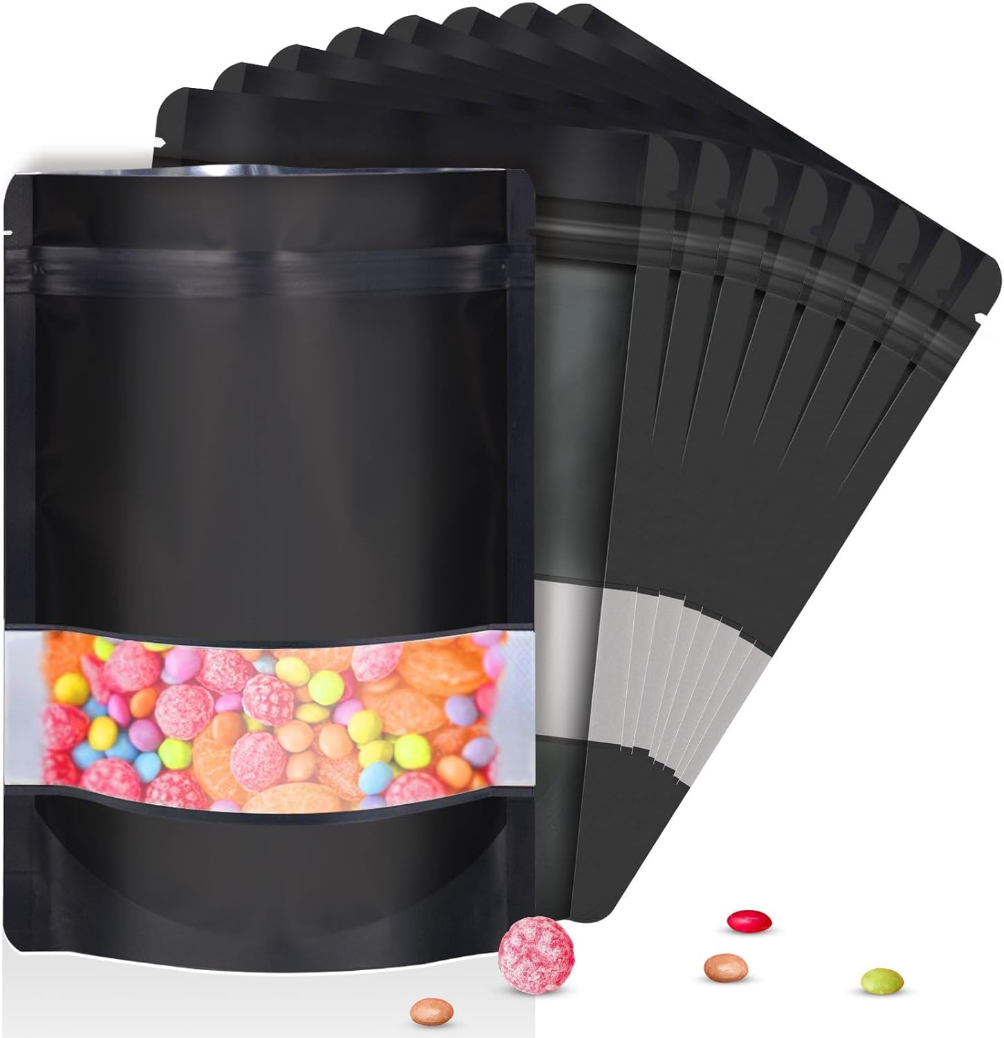 5.5"x7.8" 120pcs Mylar Bags for Food Storage,Smell Proof Bag with Matte Window Resealable Food Storage Bags for Small Business, Stand-up Foil Pouch Packaging Freeze Dried Candy Bag Black