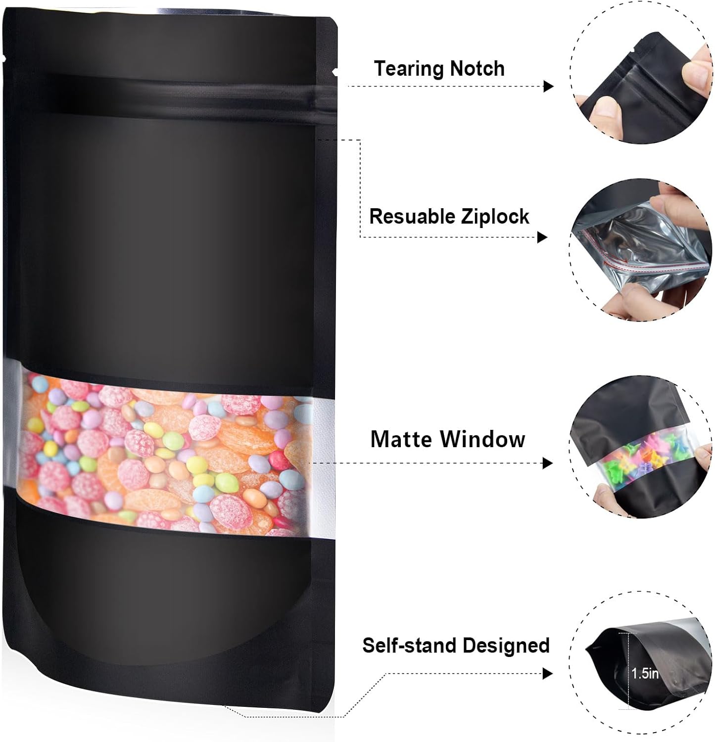 5.5"x7.8" 120pcs Mylar Bags for Food Storage,Smell Proof Bag with Matte Window Resealable Food Storage Bags for Small Business, Stand-up Foil Pouch Packaging Freeze Dried Candy Bag Black