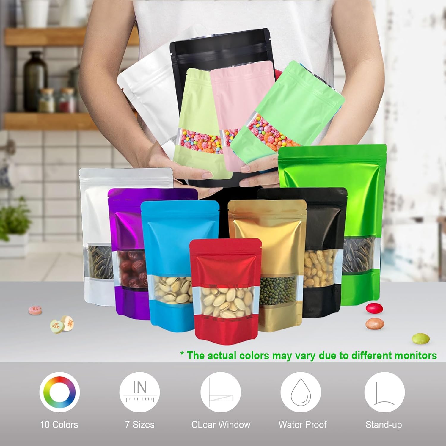 5.5"x7.8" 120pcs Mylar Bags for Food Storage,Smell Proof Bag with Matte Window Resealable Food Storage Bags for Small Business, Stand-up Foil Pouch Packaging Freeze Dried Candy Bag Black