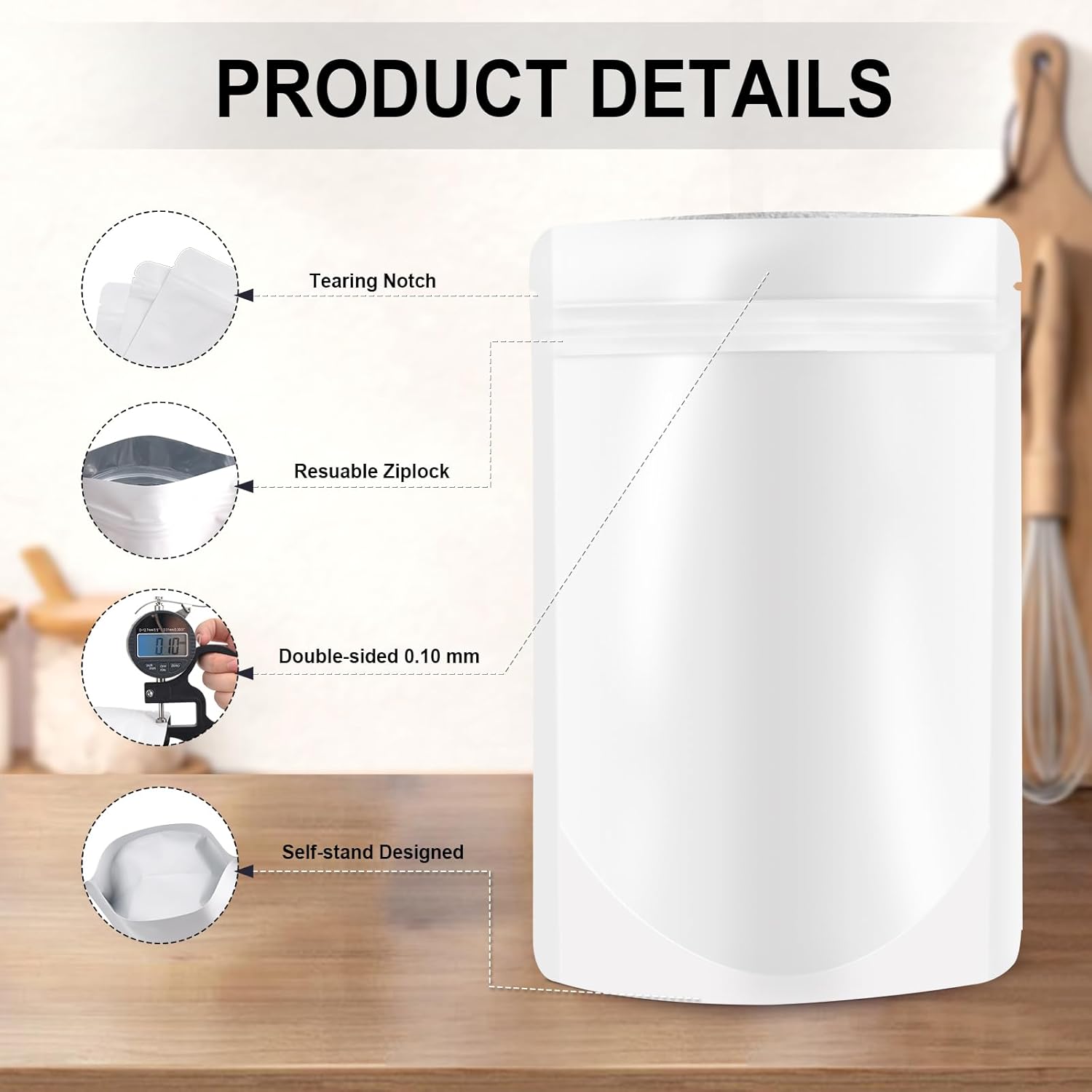 4"x6" 120pcs Mylar Bags for Food Storage,Smell Proof Bag Resealable Food Storage Bags for Small Business, Stand-up Foil Pouch Packaging Treat Snack Packing for Self Sealing White