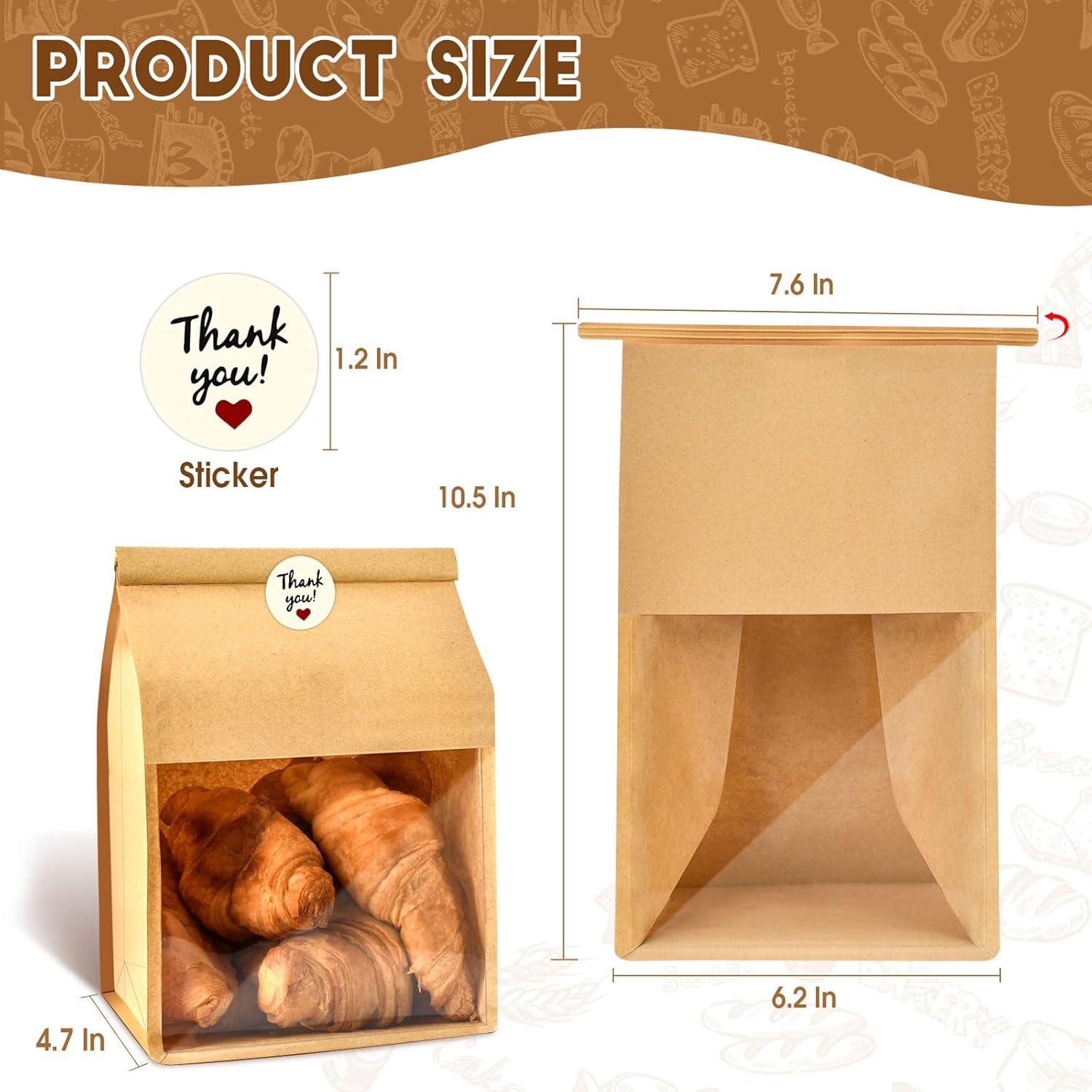 60pcs Kraft Bakery Bags with Thank You Stickers,10.5x6.2x4.7 Inches Sourdough Bread Bags with Tin Tie Tab Lock Smoother Bags with Clear Window for Homemade Bread, Baked Food Packaging Storage