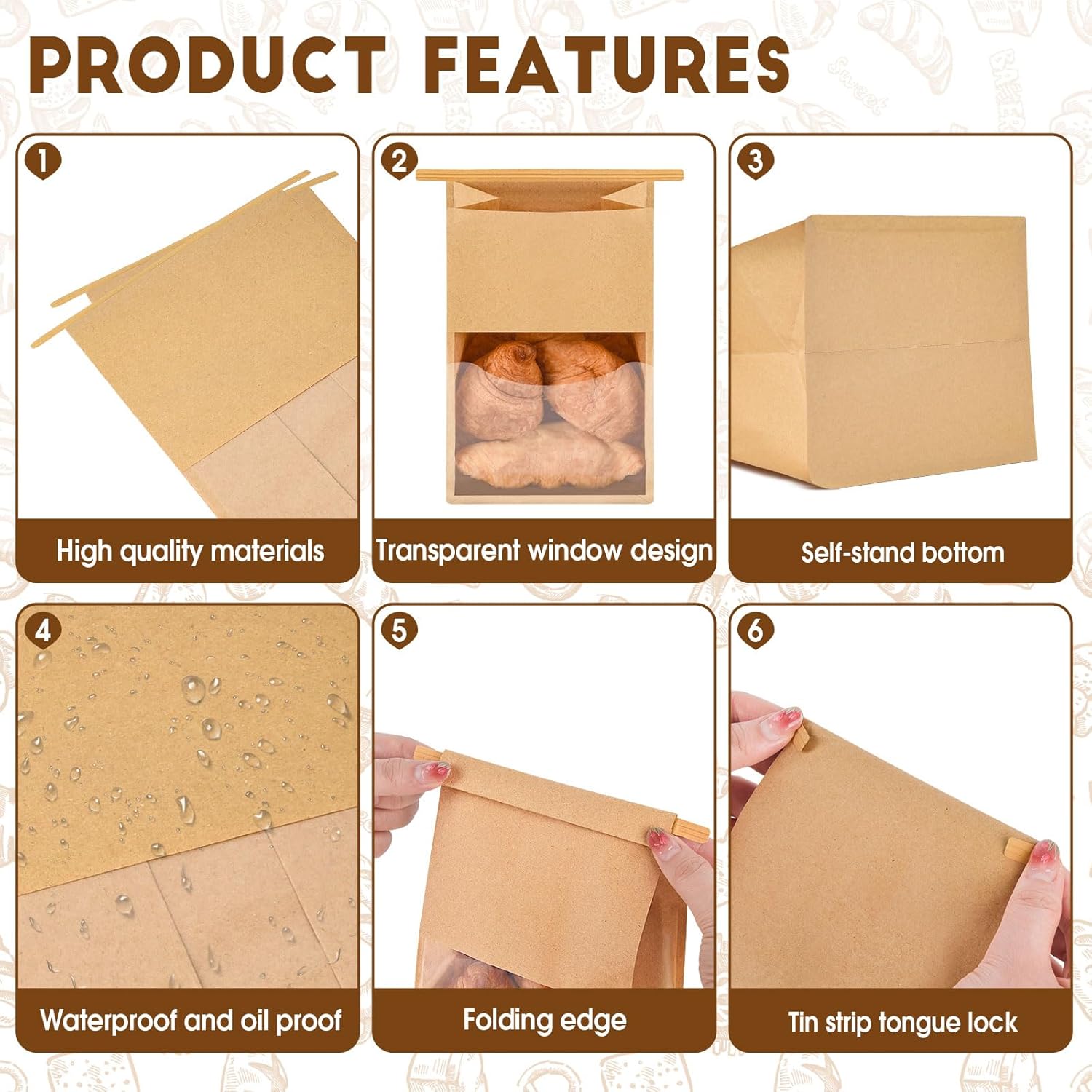 60pcs Kraft Bakery Bags with Thank You Stickers,10.5x6.2x4.7 Inches Sourdough Bread Bags with Tin Tie Tab Lock Smoother Bags with Clear Window for Homemade Bread, Baked Food Packaging Storage