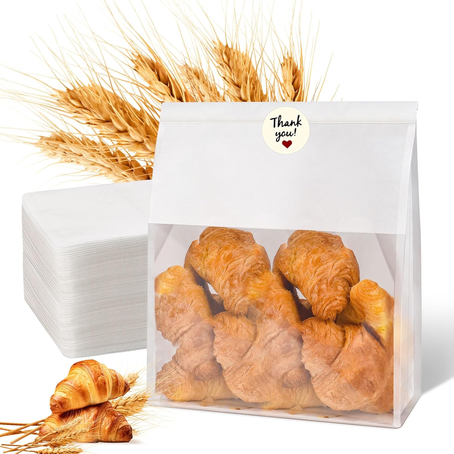 60pcs Bakery Bags with Thank You Stickers,11x8.6x4 inches Sourdough Bread Bags with Tin Tie Tab Lock Smoother Paper Bakery Bags with Clear Window for Homemade Bread, Baked Food Packaging Storage
