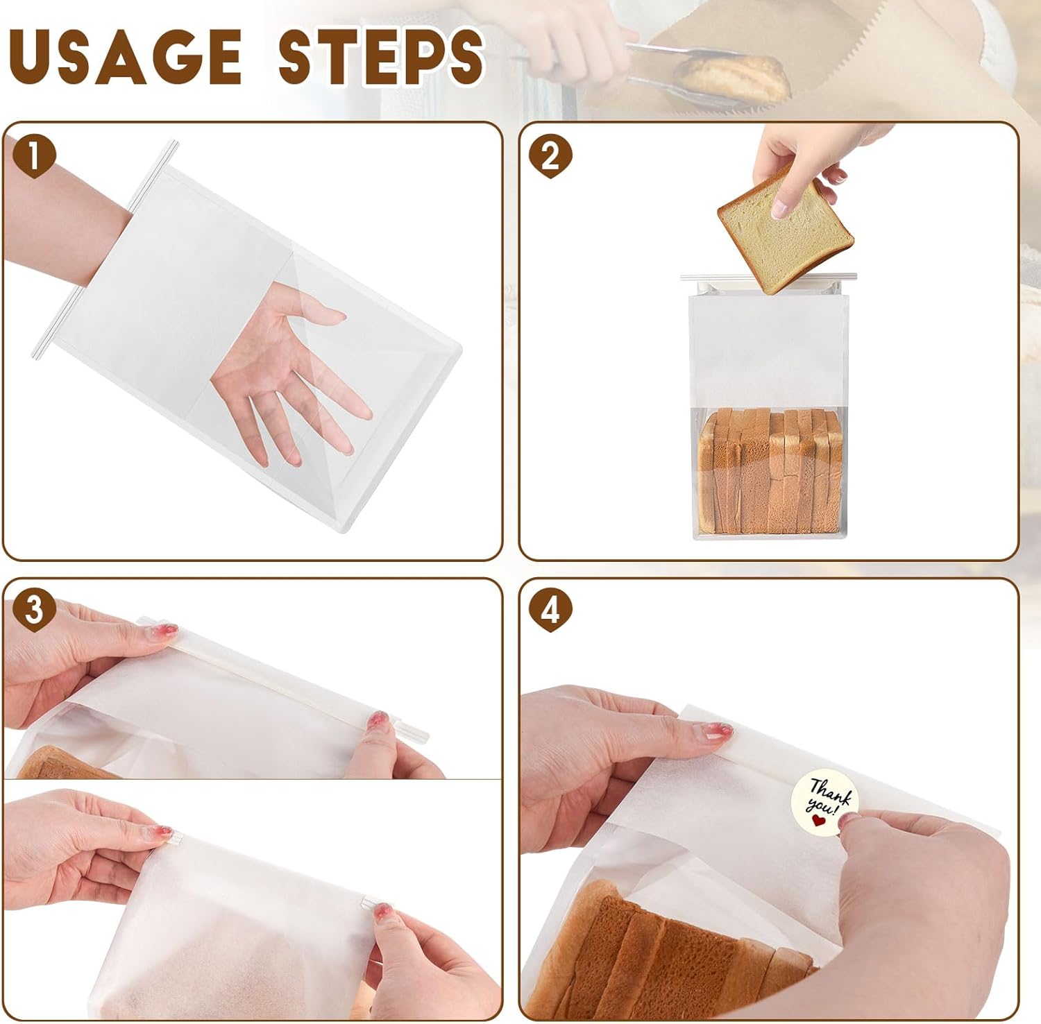 60pcs Bakery Bags with Thank You Stickers,11x8.6x4 inches Sourdough Bread Bags with Tin Tie Tab Lock Smoother Paper Bakery Bags with Clear Window for Homemade Bread, Baked Food Packaging Storage