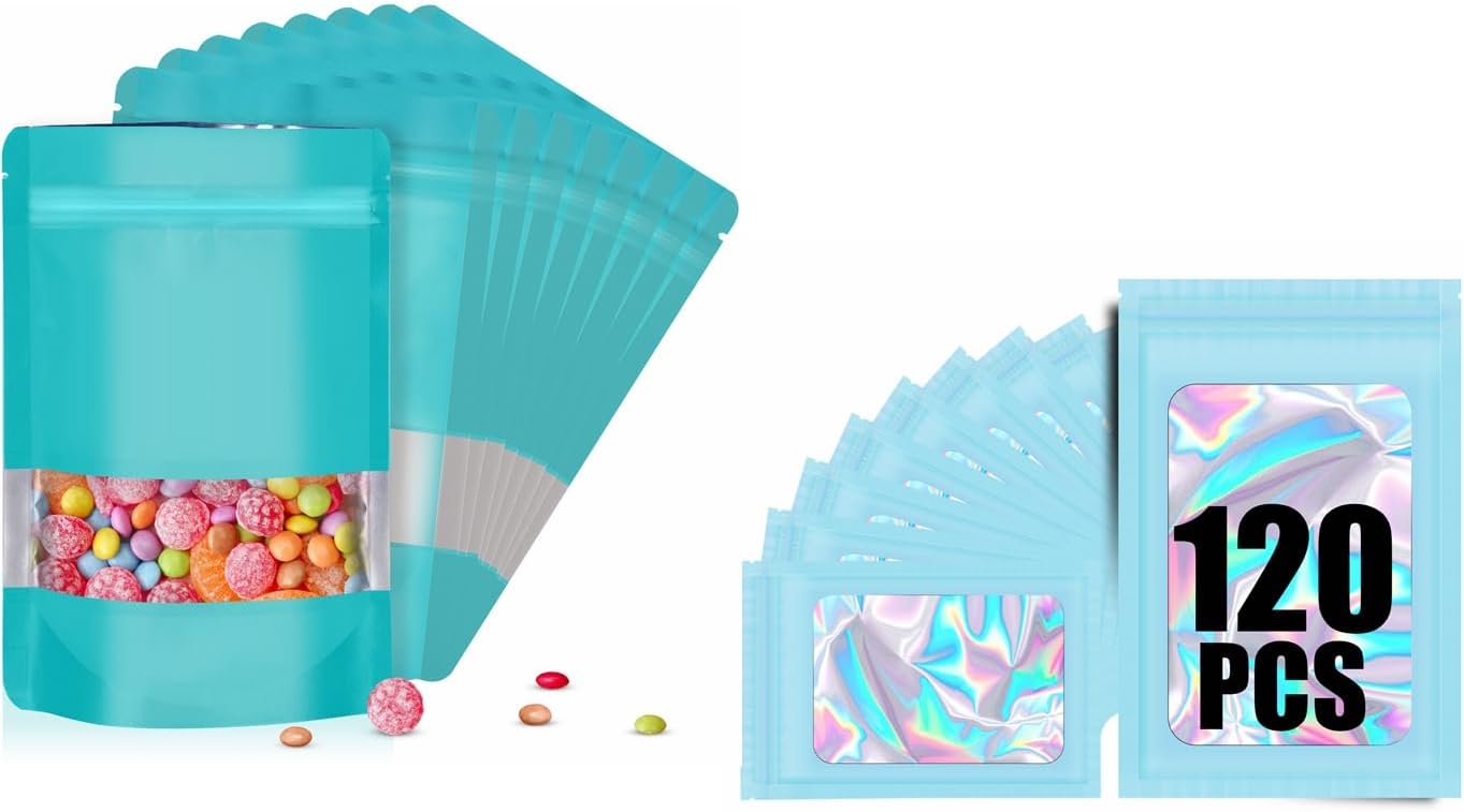 120pcs Mylar Bags for Food Storage+120pcs Holographic Packaging Bags blue