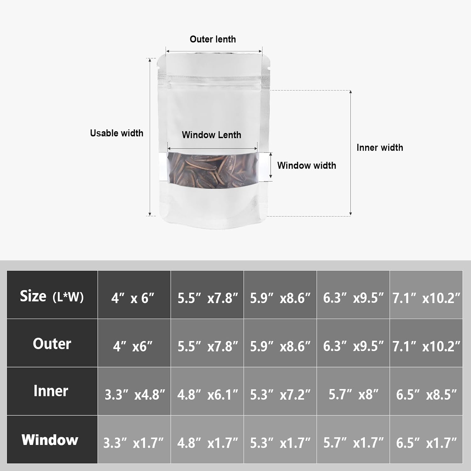 120pcs Mylar Bags for Food Storage+120pcs Holographic Packaging Bags white
