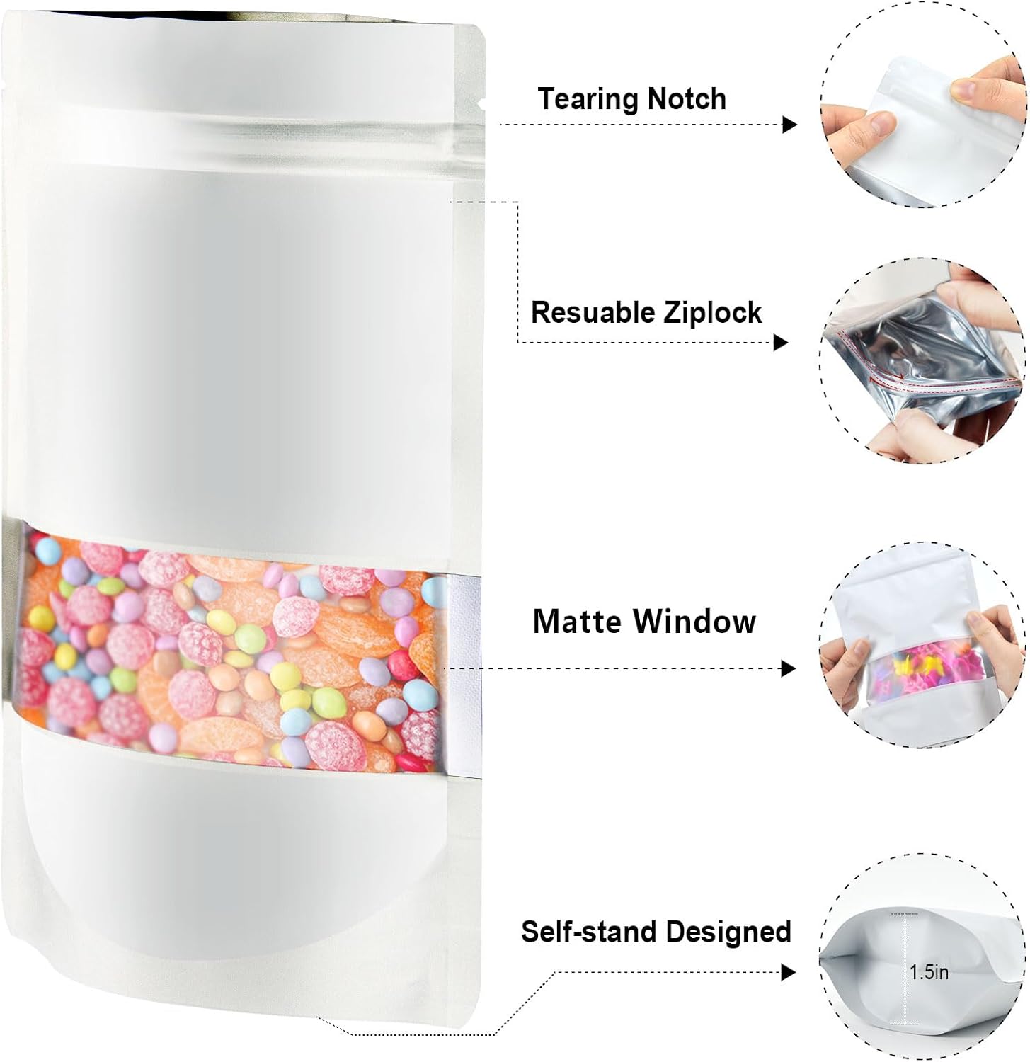 120pcs Mylar Bags for Food Storage+120pcs Holographic Packaging Bags white