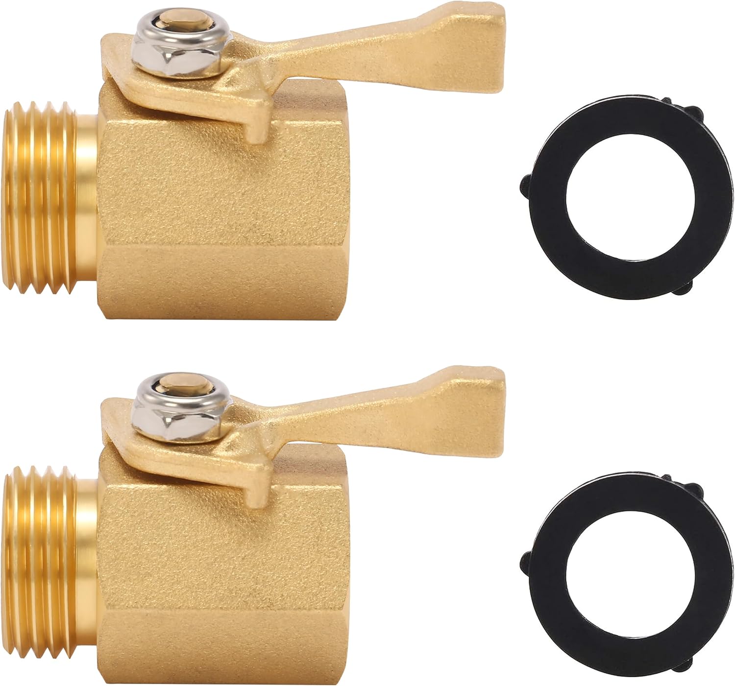 Heavy Duty Brass Garden Hose Shut Off Valve, 3/4 Inch, 2-Pack with 2 Hose Washers