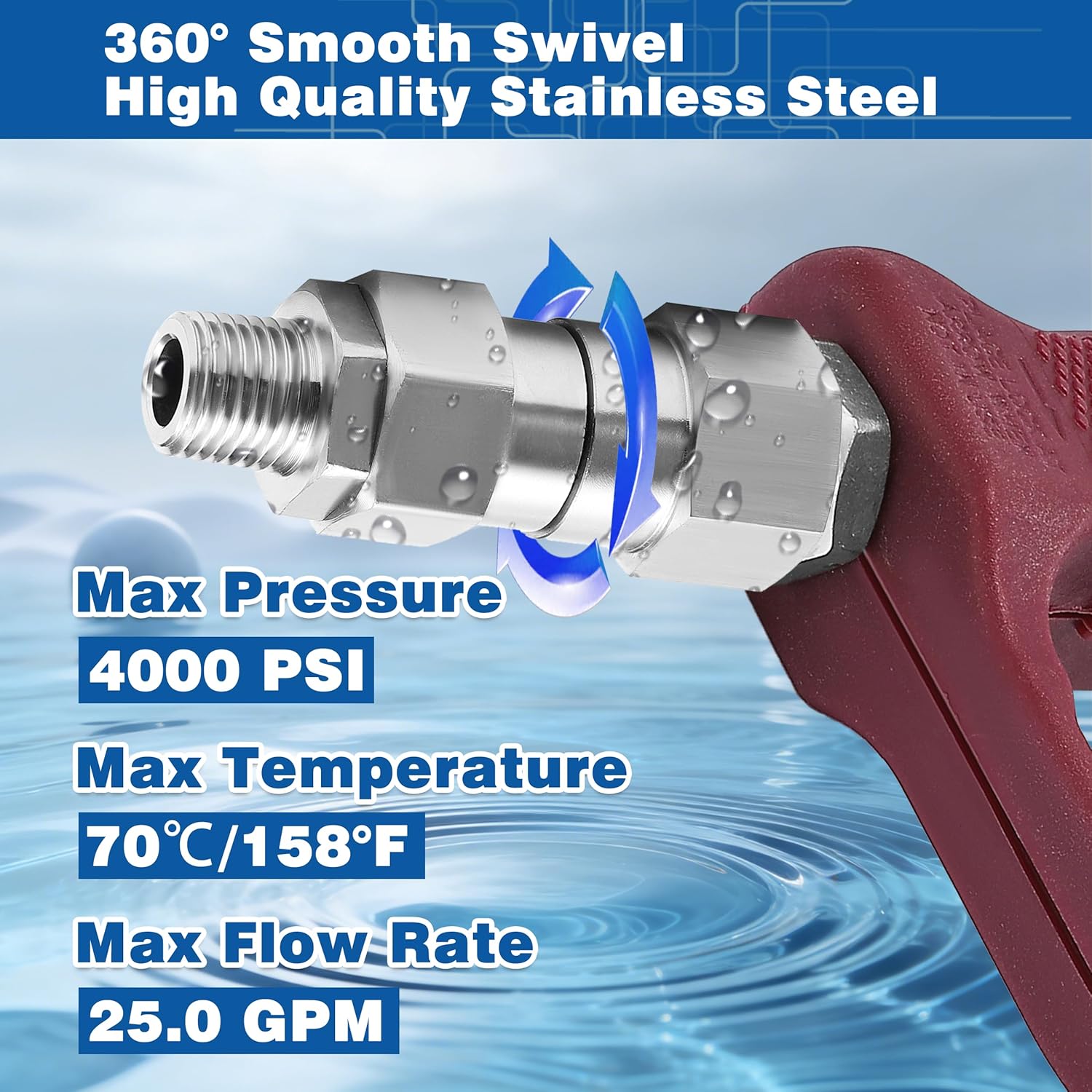 1/4” NPT Pressure Washer Swivel Fitting, Anti-Twist 1/4” Male to Female Adapter, 360° Kink-Free Swivel Connector for Gun and Hose, 4000 PSI, 2 Pcs