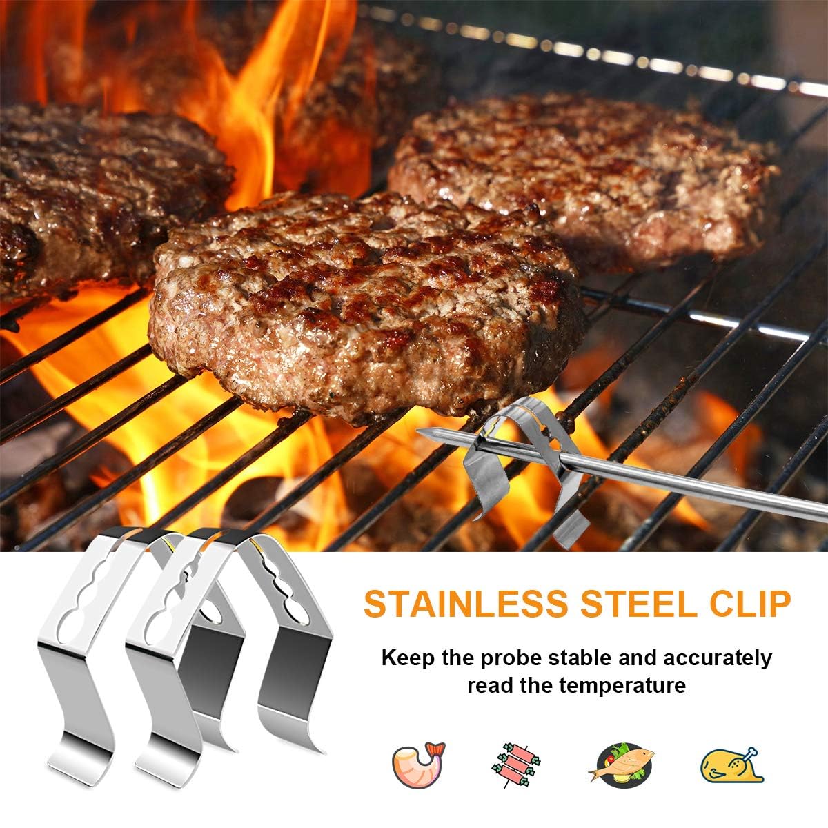 2 Pack Replacement Part for Camp Chef Meat Probes, Smoker Grill Temperature Sensor, Pellet Grills Accessories with Stainless Steel Probe Clip 2pc 1