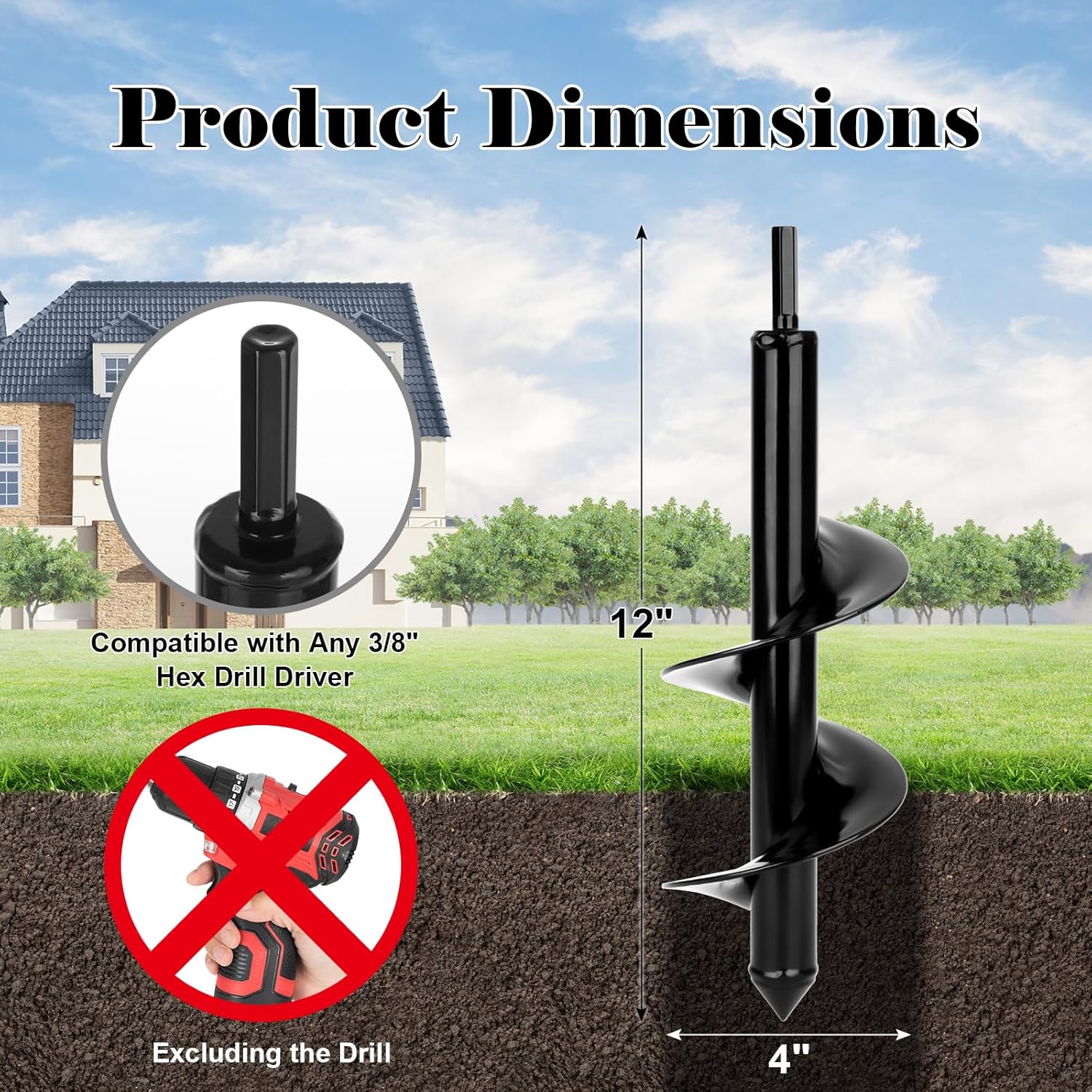 Auger Drill Bit for Planting 1 Pack, 4x12 inch,Auger Drill Bit Suitable for 3/8'' Hex Drill Driver,Garden Spiral Hole and Planter for Bulbs,Fence Posts,and Umbrella Holes