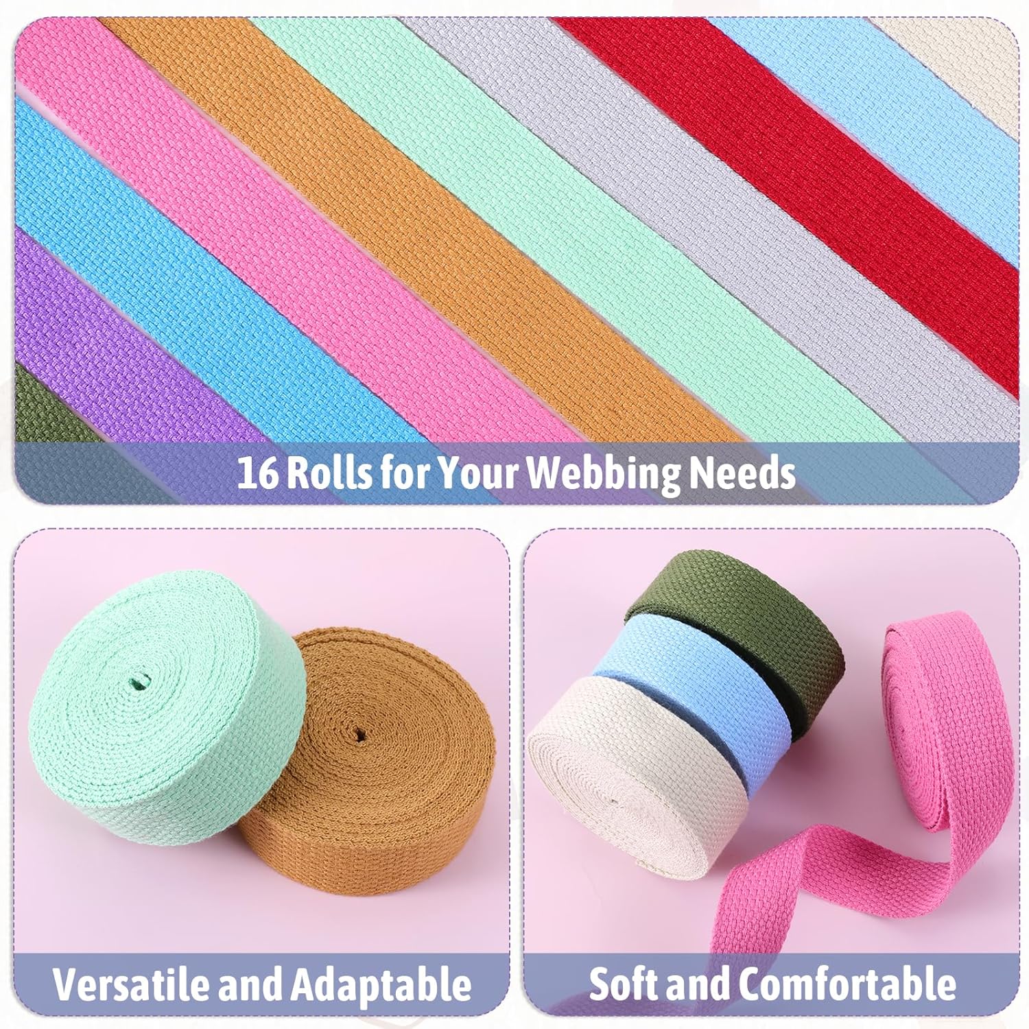 Vin Beauty 16 Rolls Cotton Webbing Strap 1 Inch Wide 3.3 Yard Polyester Webbing Straps for Bag Making Supplies, 16 Colors Nylon Twill Tape Strapping for Pets, DIY Crafts Furniture Backpack, Gardening