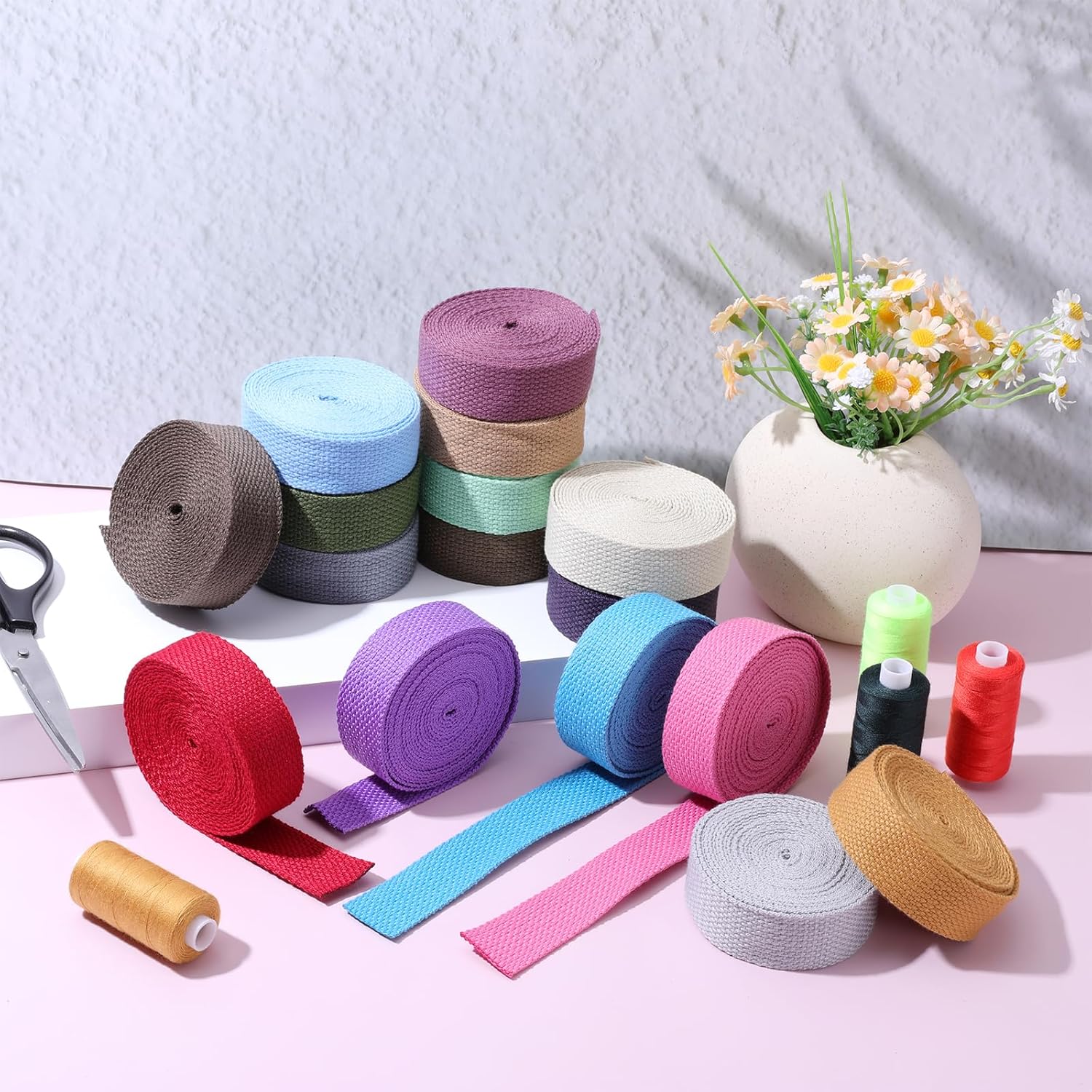 Vin Beauty 16 Rolls Cotton Webbing Strap 1 Inch Wide 3.3 Yard Polyester Webbing Straps for Bag Making Supplies, 16 Colors Nylon Twill Tape Strapping for Pets, DIY Crafts Furniture Backpack, Gardening