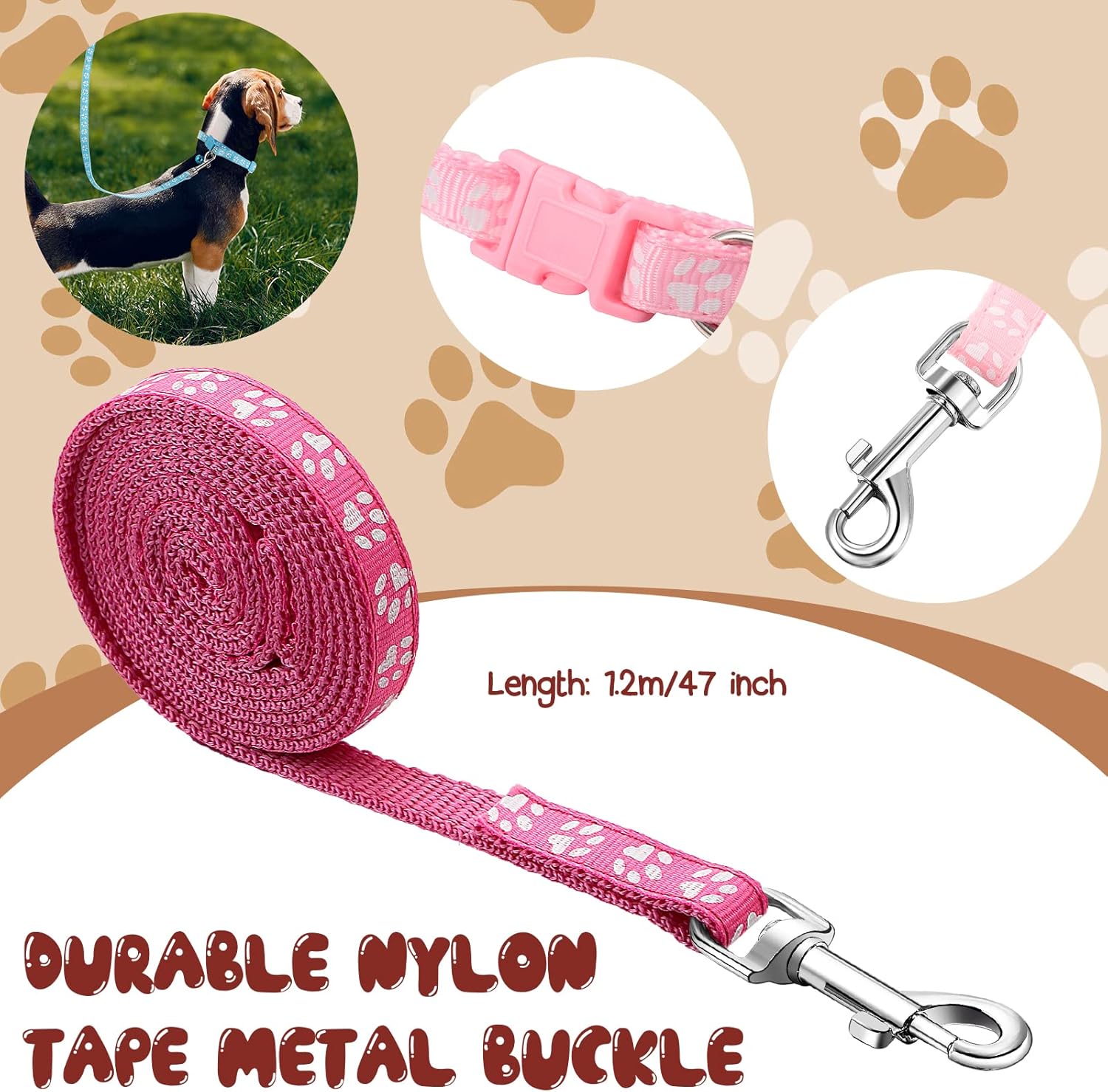 Amylove 48 Pcs Dog Collar and Leash Set, Polypropylene Adjustable Puppy Collars for Medium Dogs Small Pet Puppy Walking Training with Hook and Buckle Multicolor,Paws Pattern