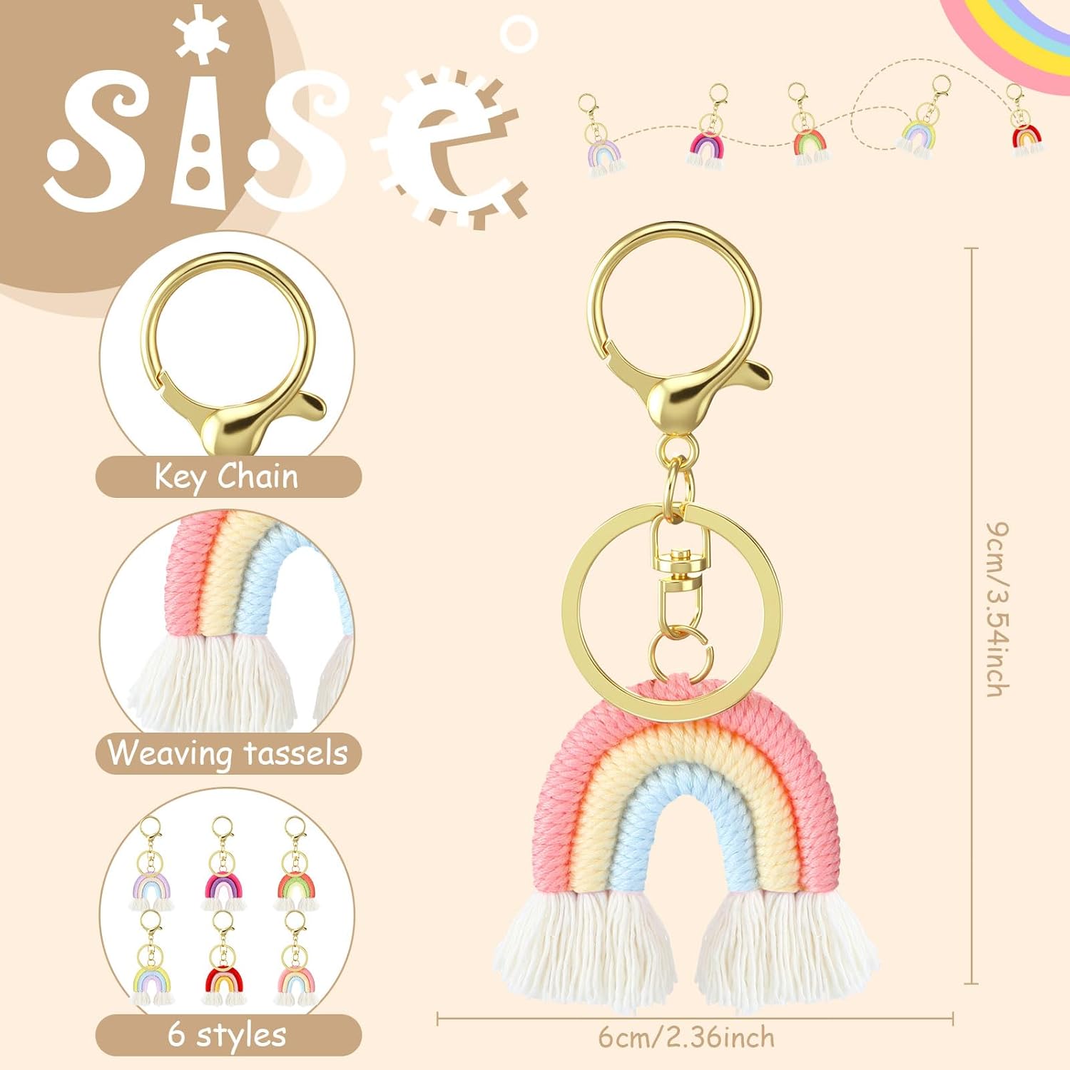 Landhoow 6 Pcs Boho Rainbow Keychains Bulk Women Macrame Rainbow Key Chains Mini Tassel Keychains Car Keyrings Holder Pastel Color