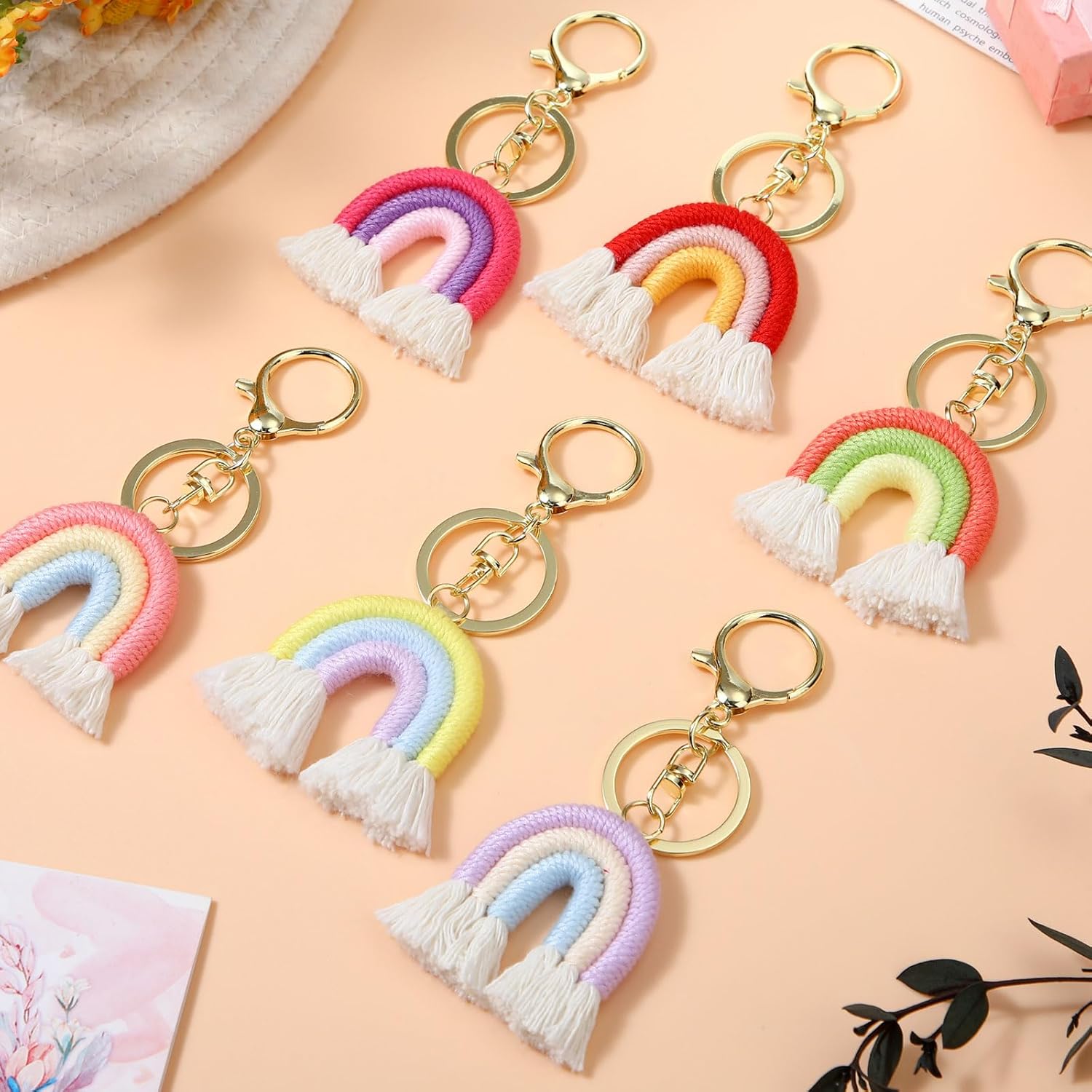Landhoow 6 Pcs Boho Rainbow Keychains Bulk Women Macrame Rainbow Key Chains Mini Tassel Keychains Car Keyrings Holder Pastel Color