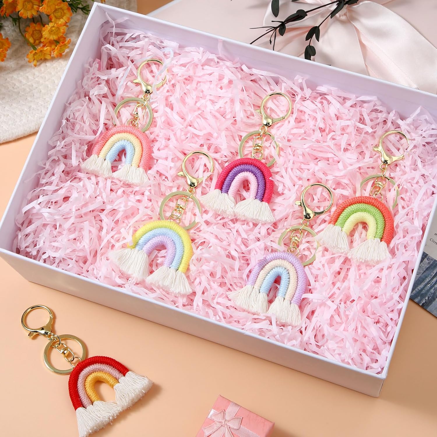 Landhoow 6 Pcs Boho Rainbow Keychains Bulk Women Macrame Rainbow Key Chains Mini Tassel Keychains Car Keyrings Holder Pastel Color