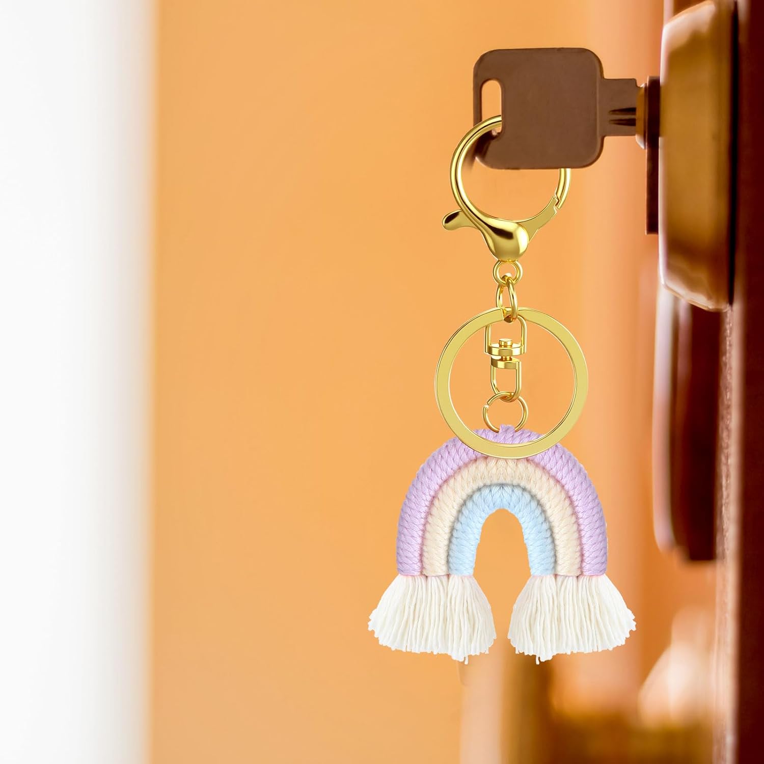Landhoow 6 Pcs Boho Rainbow Keychains Bulk Women Macrame Rainbow Key Chains Mini Tassel Keychains Car Keyrings Holder Pastel Color