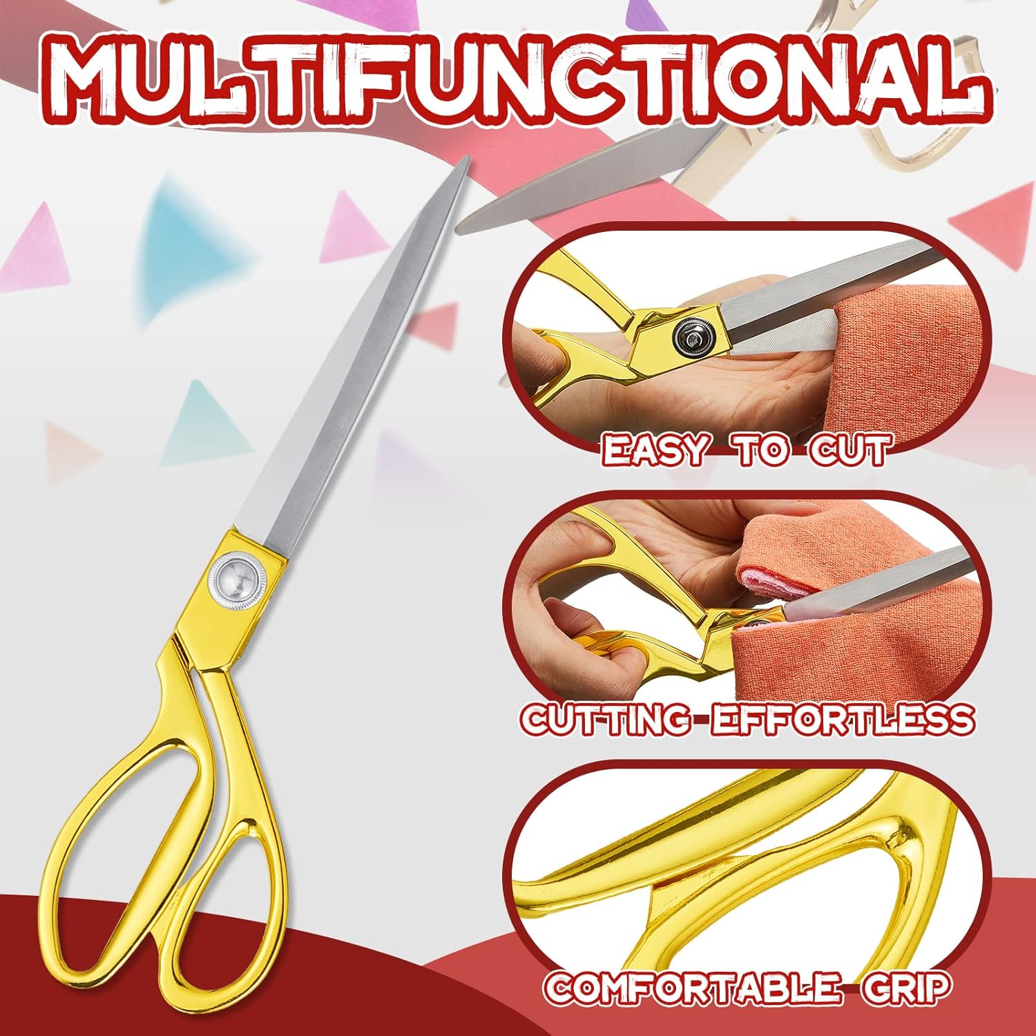 Amylove 3 Pcs Ribbon Cutting Scissors Metal Heavy Duty Stainless Steel Fabric Tailor for Ceremony Events Inaugurations Dressmaking Sewing Plastic Cardboard, 10.43 x 2.76 Inch Style1,Gold