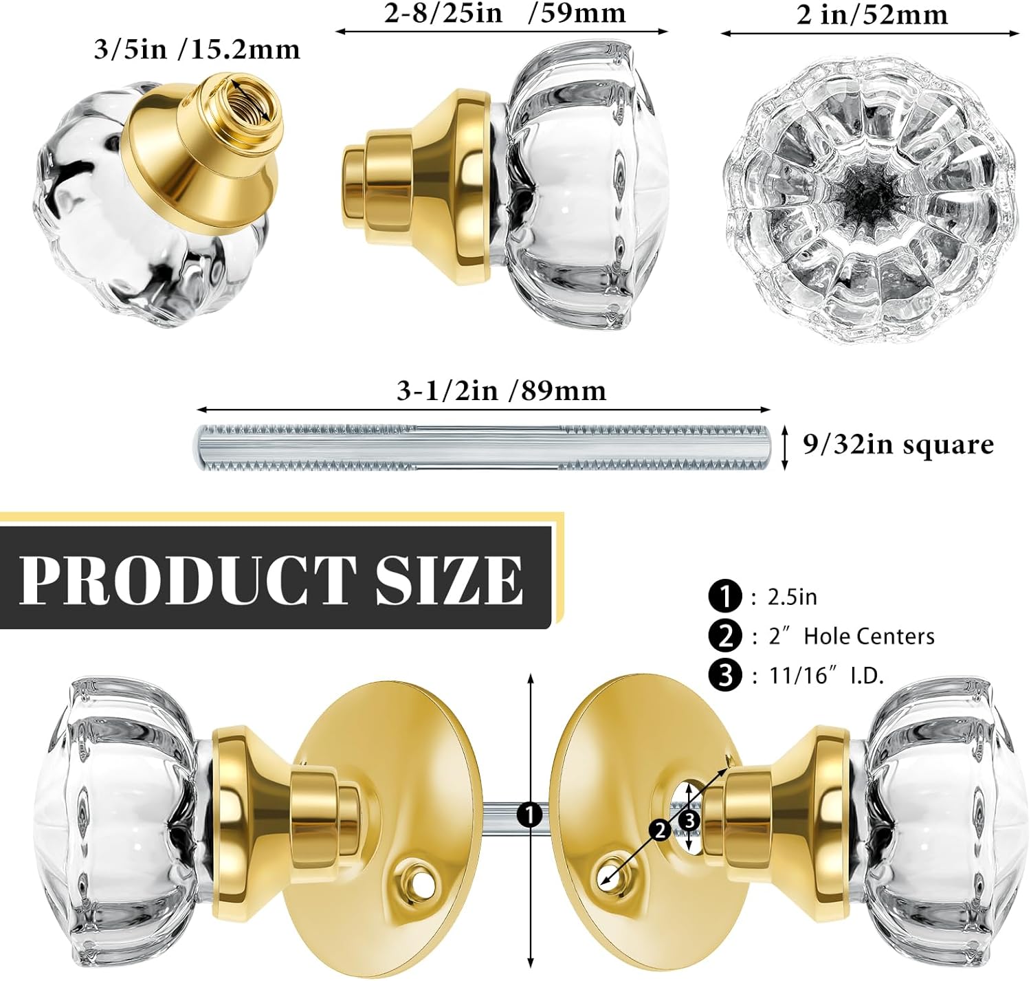 Amylove 1 Set Glass Door Knobs Antique Crystal Door Knobs Vintage Mortise Style Fluted Replacement Kit with 2-1/2 in Satin Brass Privacy for Bedroom Bathroom Gold