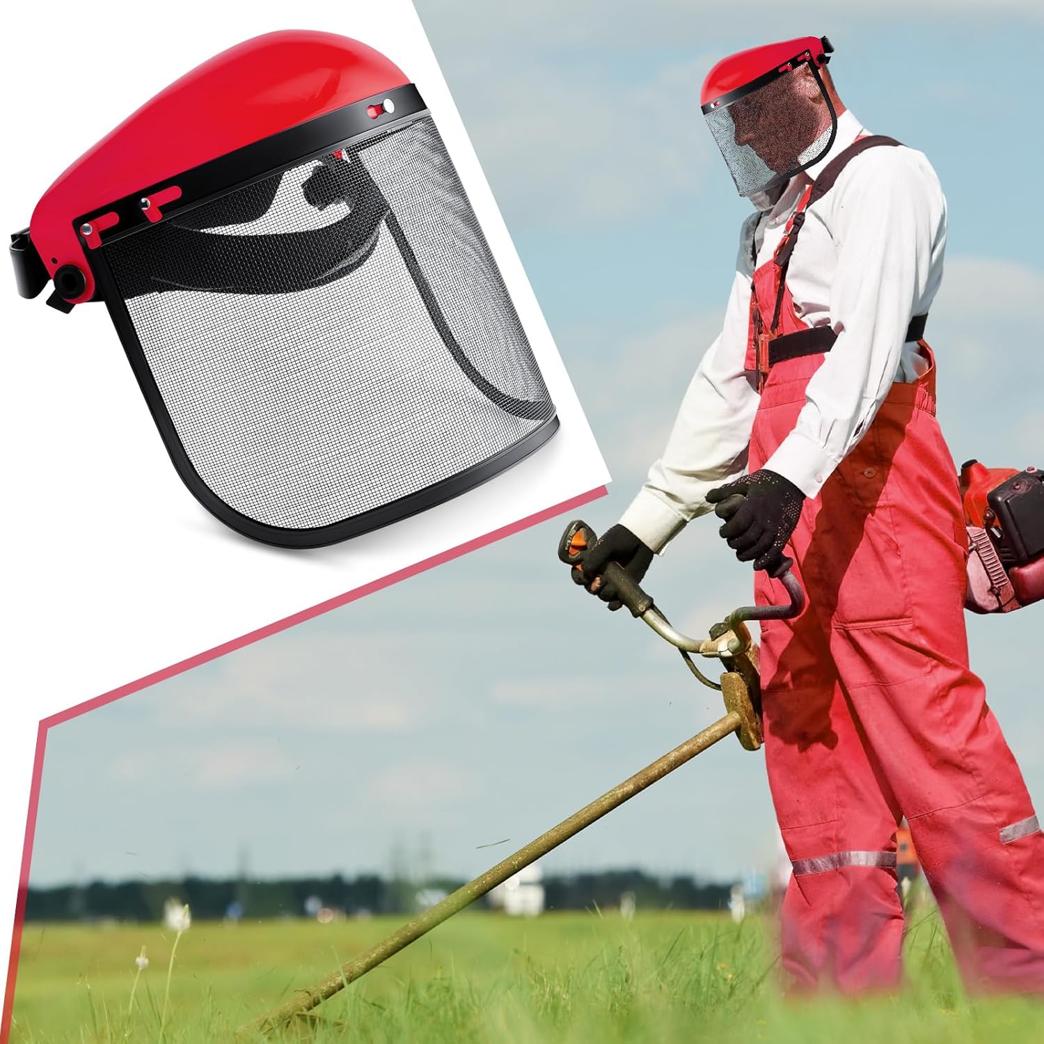 Amylove 2 Pcs Safety Face Shield with Mesh Weed Whacking Face Shield Masks Chainsaw Gardening Weed Mover Protection Red