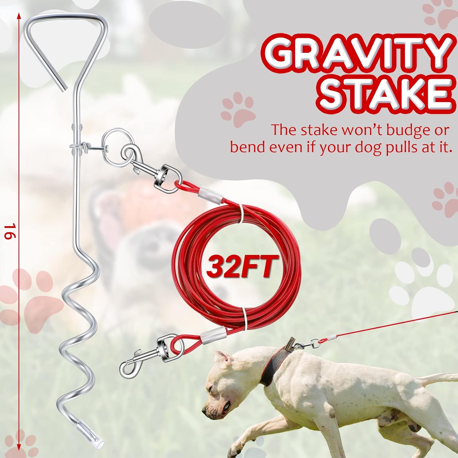 Amylove 2 Set Dog Tie Out Cable and Stake - 30ft Leash Chain, 16" Spiral Stake for Outside Yard - Medium to Large Dogs up to 125 Lbs Red