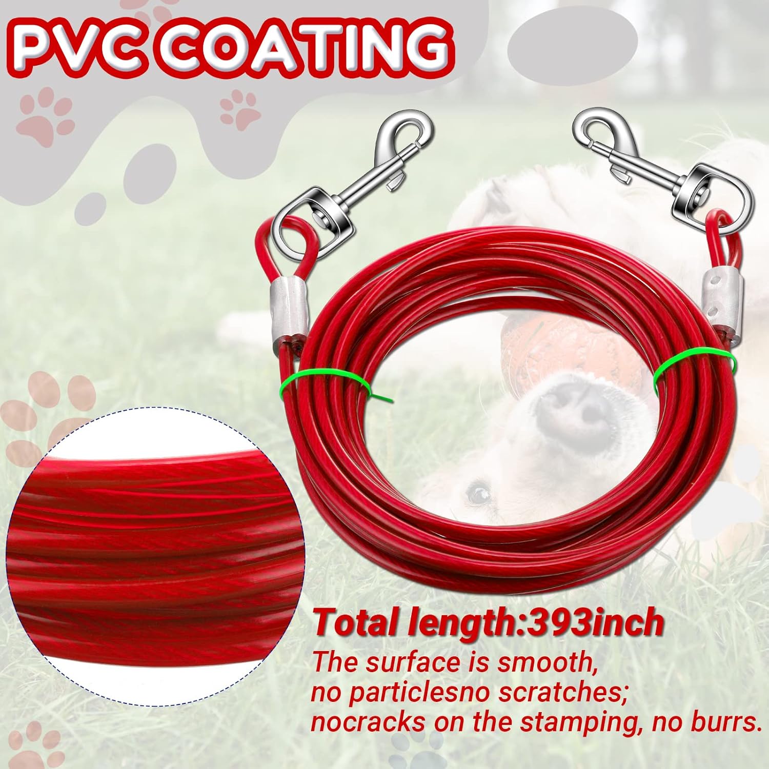 Amylove 2 Set Dog Tie Out Cable and Stake - 30ft Leash Chain, 16" Spiral Stake for Outside Yard - Medium to Large Dogs up to 125 Lbs Red