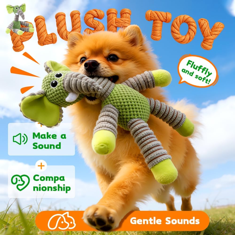 Linen Safari Companions Dog Toys, Durable Toy with Squeaker for Small Medium Large Dogs, Chew Resistant Animal Shaped Toys Aggressive Chewers Puppy Anxiety Relief Elephant Elephant