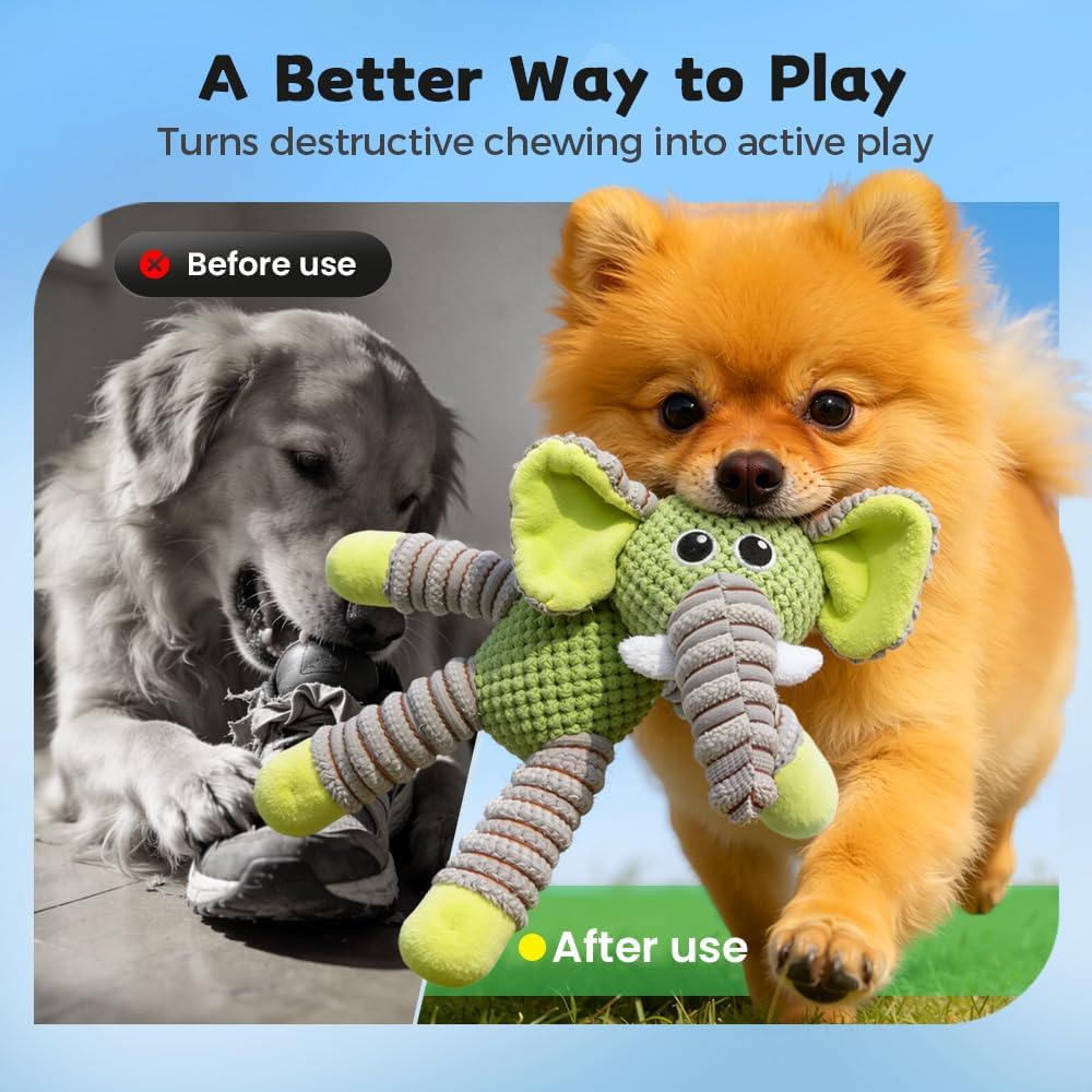 Linen Safari Companions Dog Toys, Durable Toy with Squeaker for Small Medium Large Dogs, Chew Resistant Animal Shaped Toys Aggressive Chewers Puppy Anxiety Relief Elephant Elephant