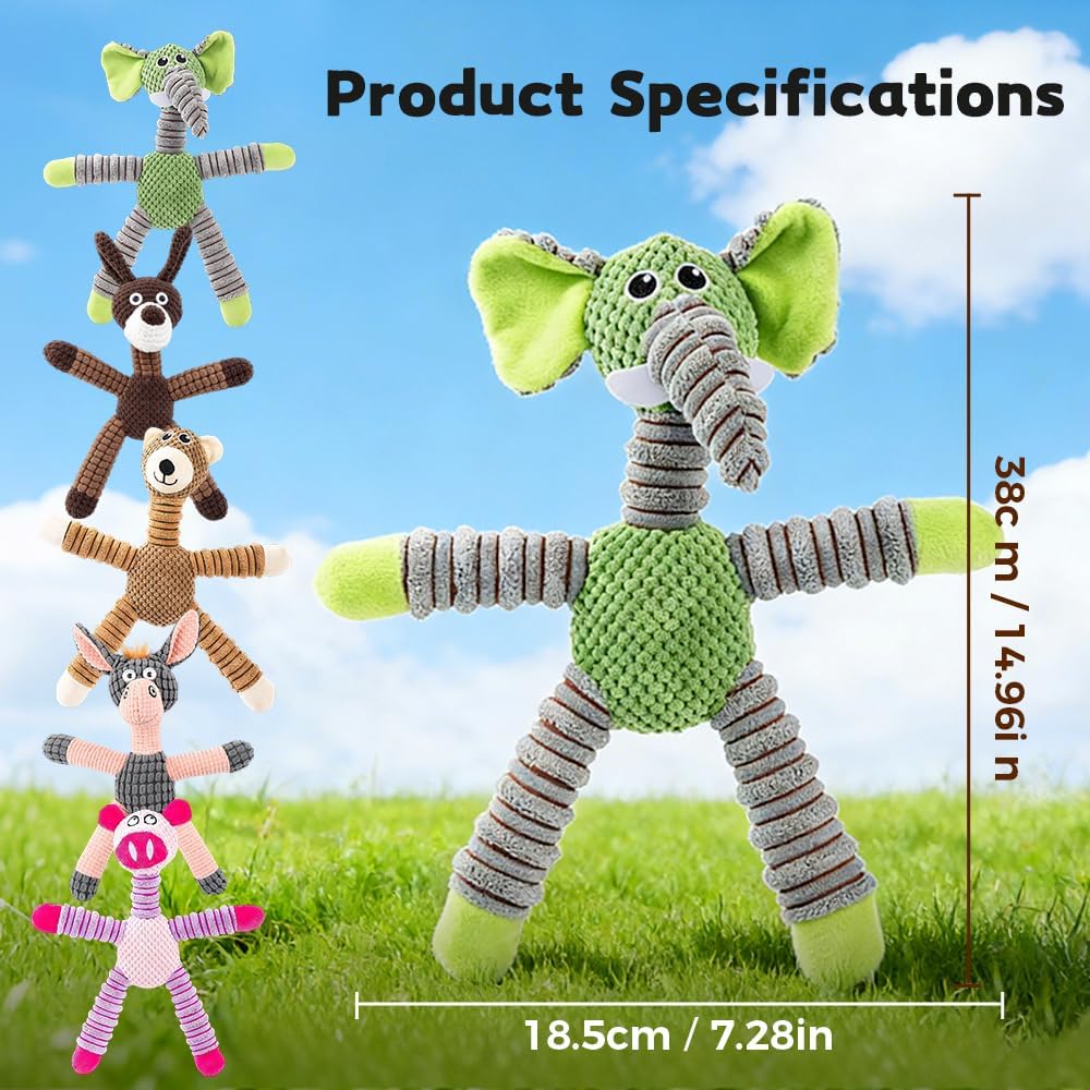 Linen Safari Companions Dog Toys, Durable Toy with Squeaker for Small Medium Large Dogs, Chew Resistant Animal Shaped Toys Aggressive Chewers Puppy Anxiety Relief Elephant Elephant