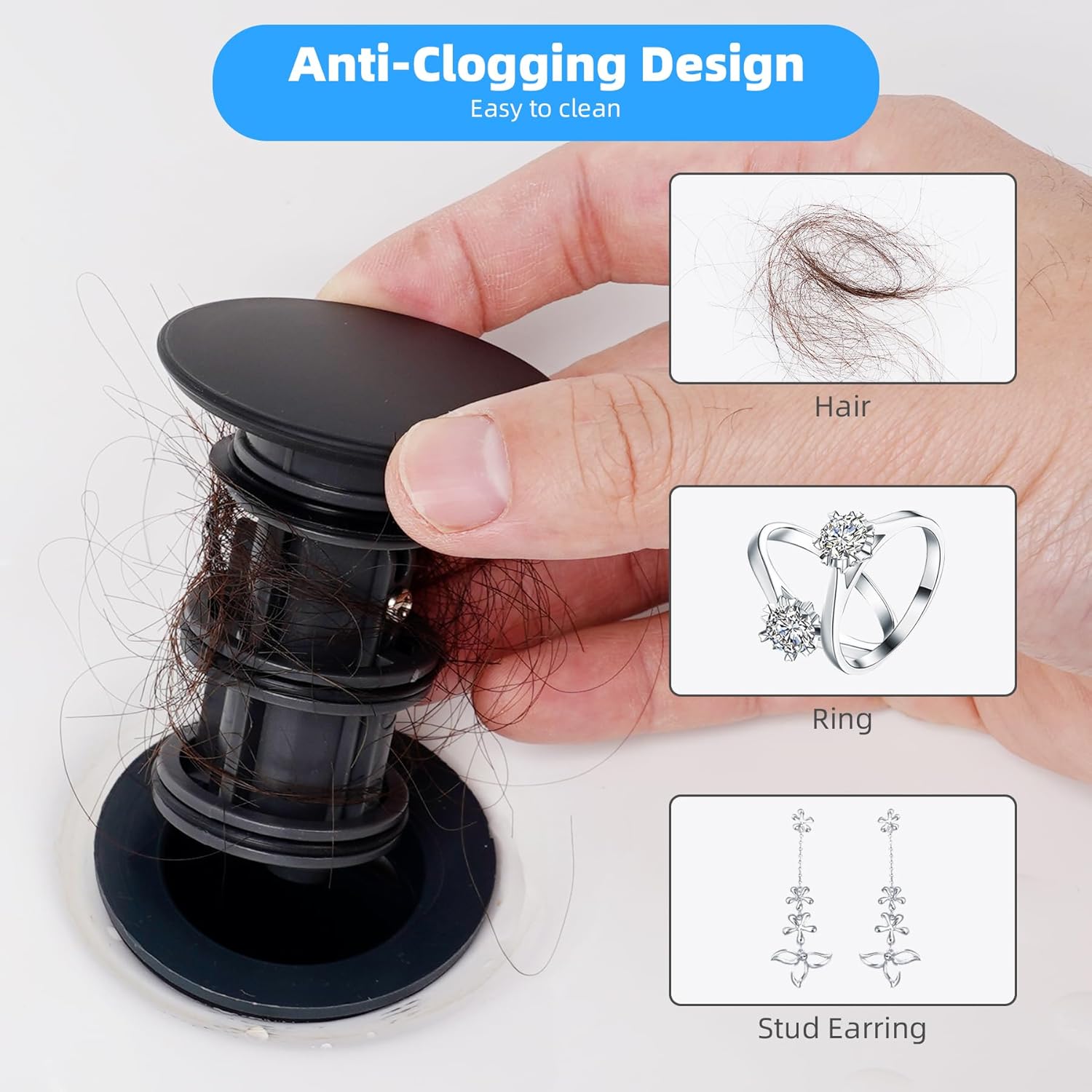 10 Pack Universal Bathroom Sink Drain Stopper, Pop Up Drain Strainer with Overflow, Push and Seal Sink Plug with Basket for Lavatory Vanity Vessel, Anti-Clogging Strainer, Matte Black
