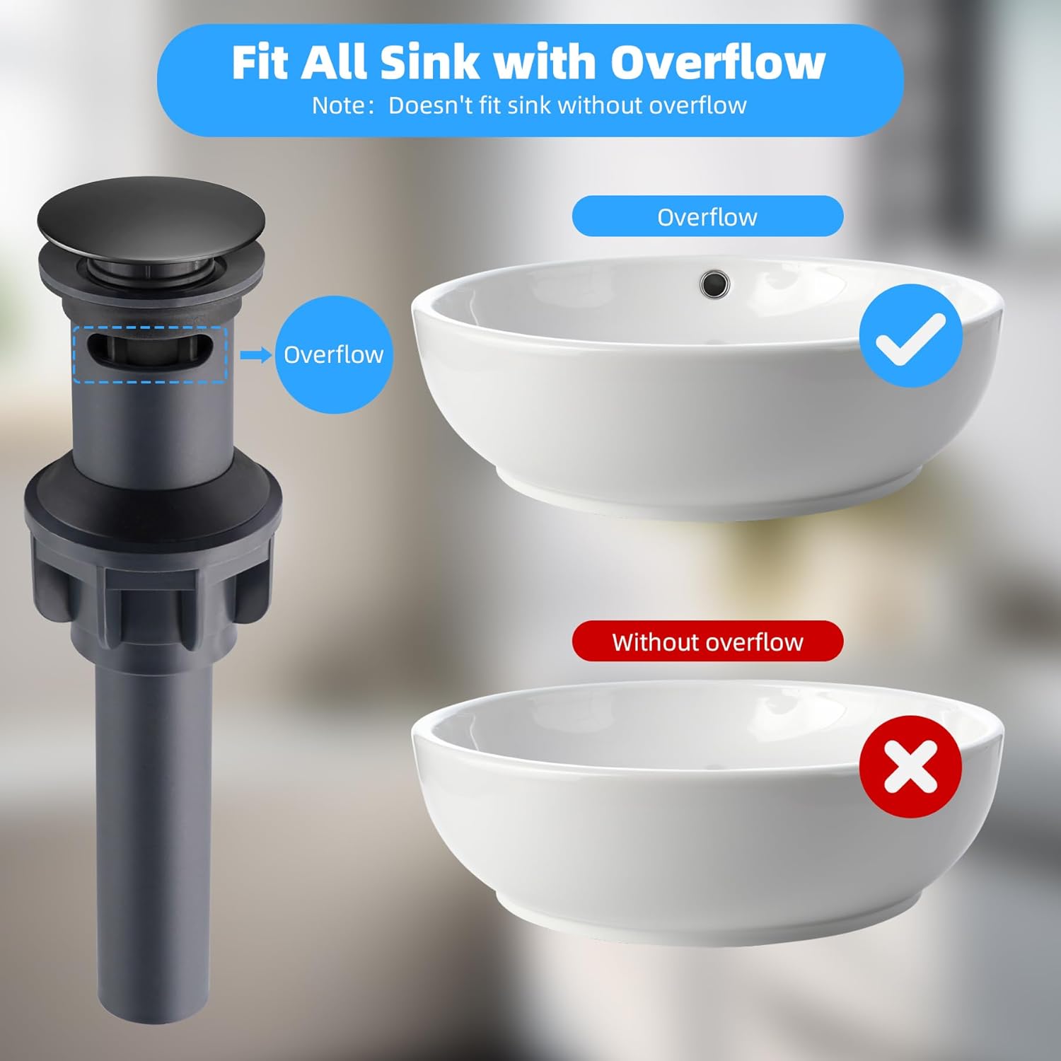10 Pack Universal Bathroom Sink Drain Stopper, Pop Up Drain Strainer with Overflow, Push and Seal Sink Plug with Basket for Lavatory Vanity Vessel, Anti-Clogging Strainer, Matte Black