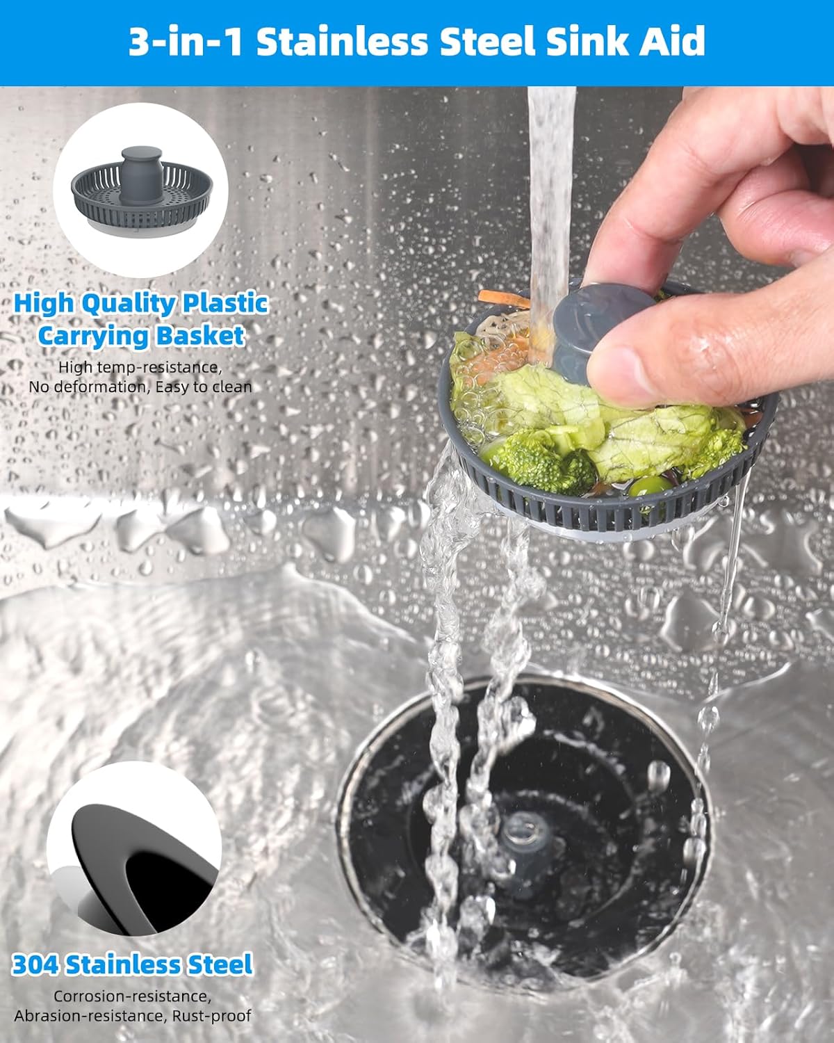 Upgraded 3 in 1 Bathroom & Kitchen Sink Drain Strainer