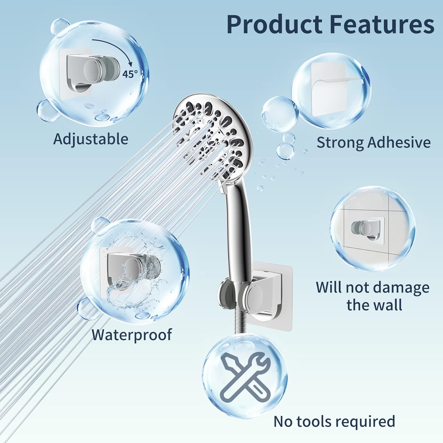 All Metal Shower Head Flow Control Valve with Showerhead Holder, G1/2 Brass Shut-off Valve with Metal Handle Lever, Strong Adhesive and Waterproof Handheld Holder and Bracket, Chrome