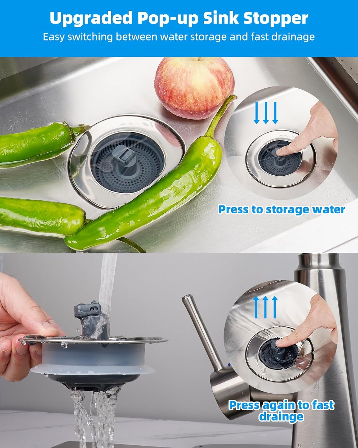 Upgraded 3 in 1 Bathroom and Kitchen Sink Drain Strainer