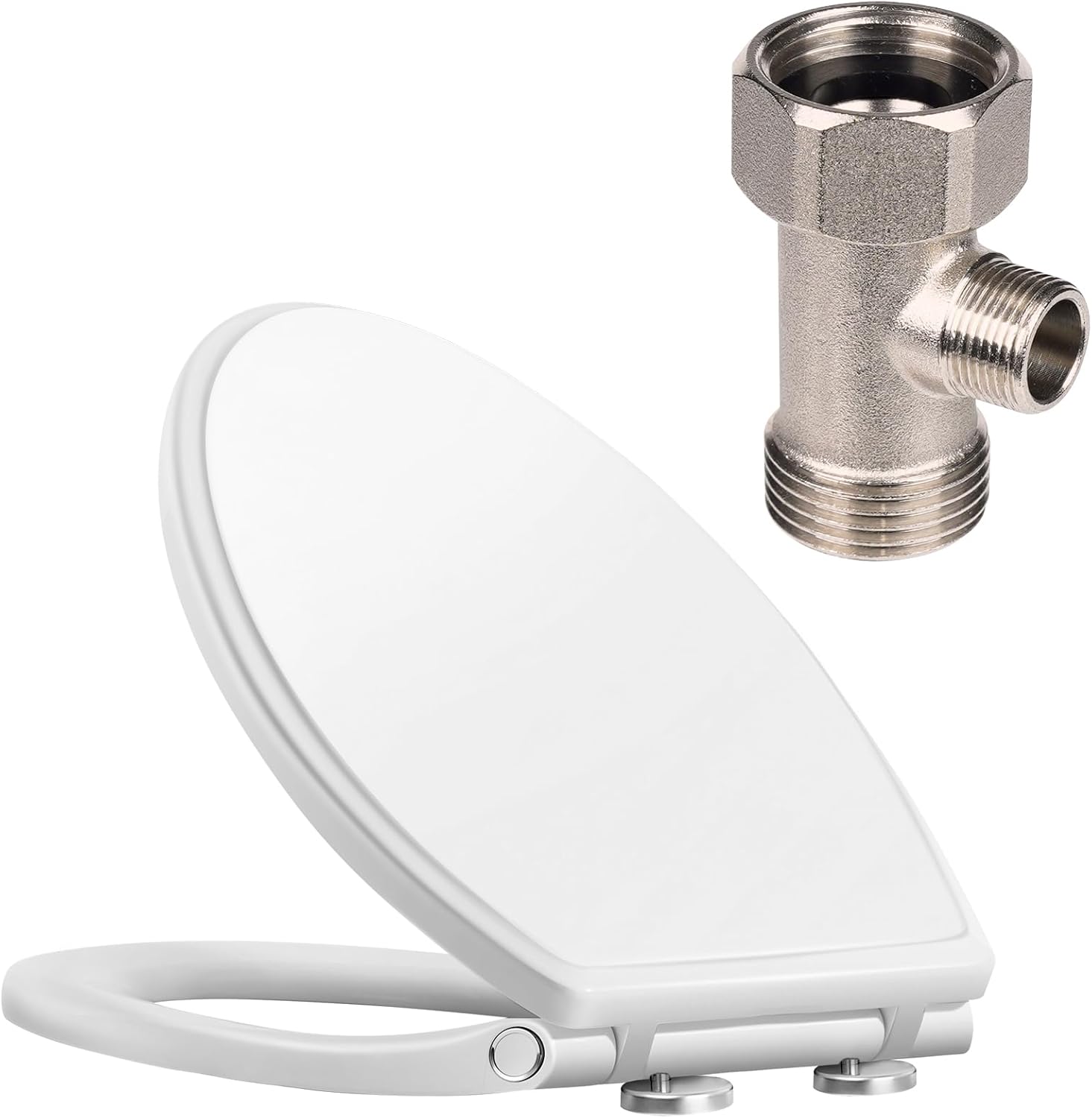 Premium Elongated Toilet Seat with Bidet T Adapter, Metal T Valve for Bidet 7/8” x 7/8” x 3/8”