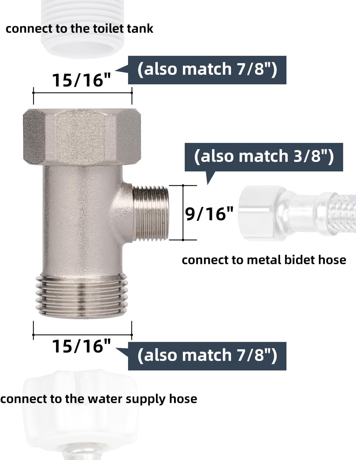Premium Elongated Toilet Seat with Bidet T Adapter, Metal T Valve for Bidet 7/8” x 7/8” x 3/8”