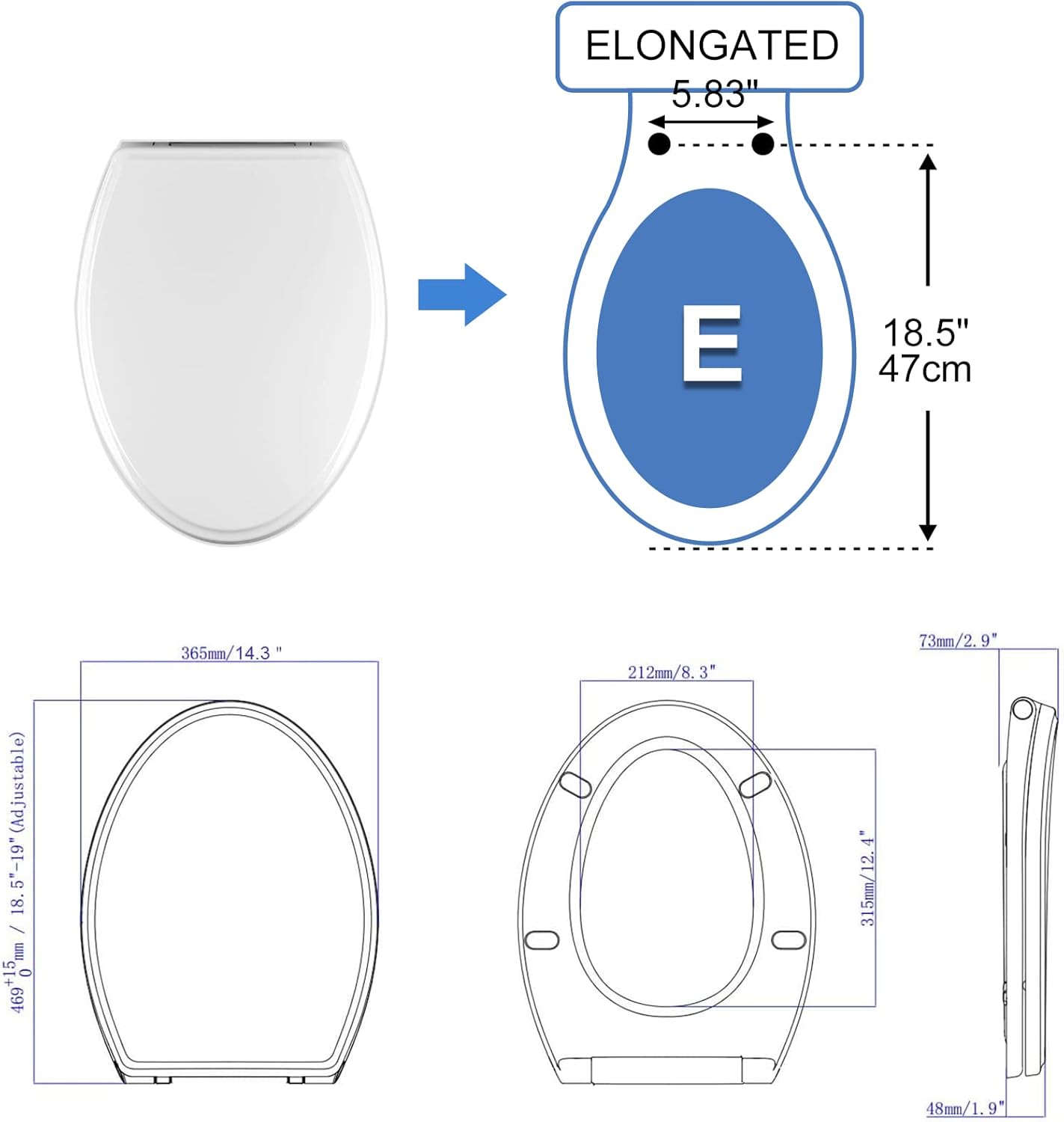 Premium Elongated Toilet Seat with Toilet Seat Bumpers