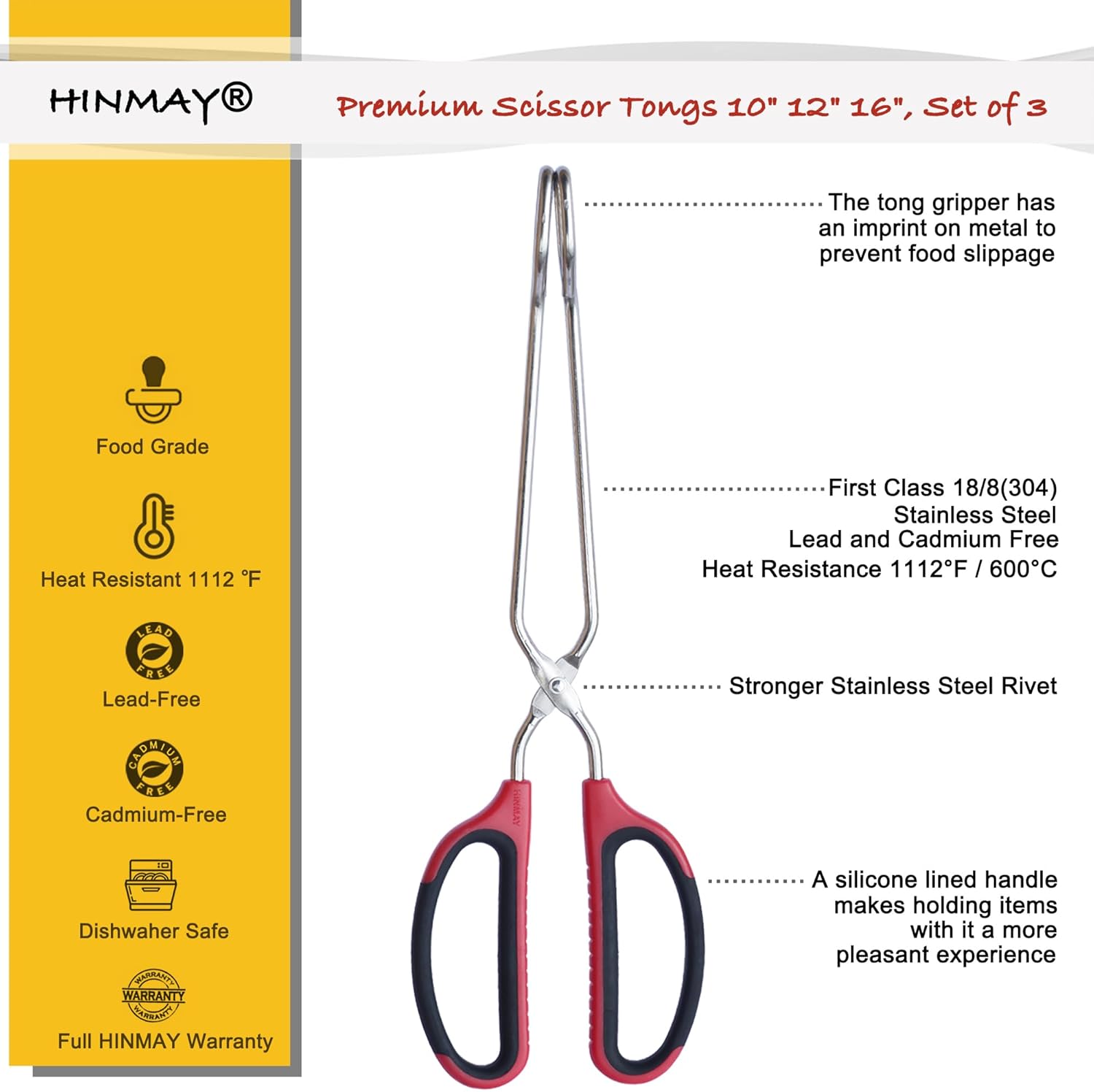 Stainless Steel Kitchen Scissor Tongs Set for Cooking, Grilling & Serving, 3-Piece with Red Handle 10/12/16 Inch