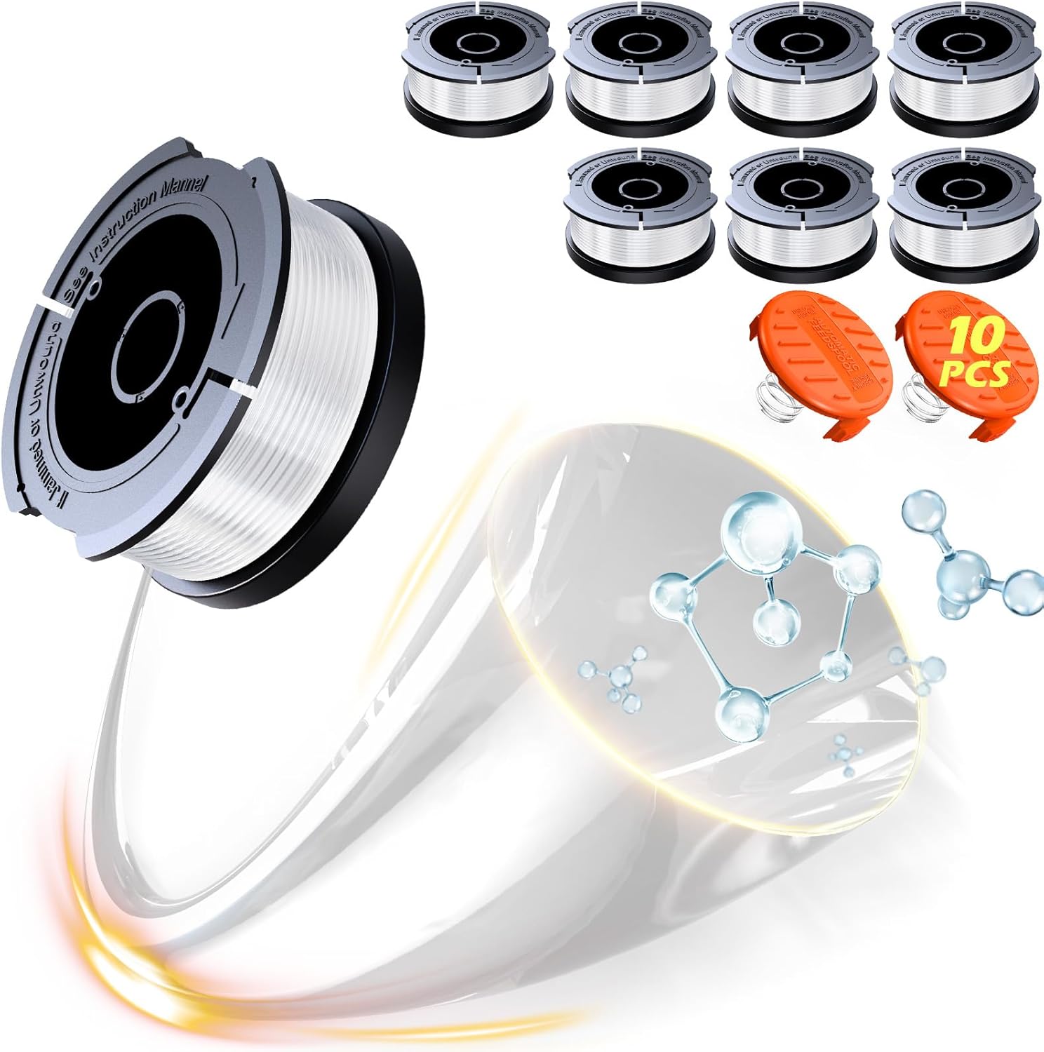 10 Pack Weed Eater String Compatible with Black+Decker, AF-100 0.065" Weed Wacker String Refill 240ft Automatic Feed String Trimmer Replacement Spool Line for Black&Decker 8 Spool+2 Cap+2 Spring