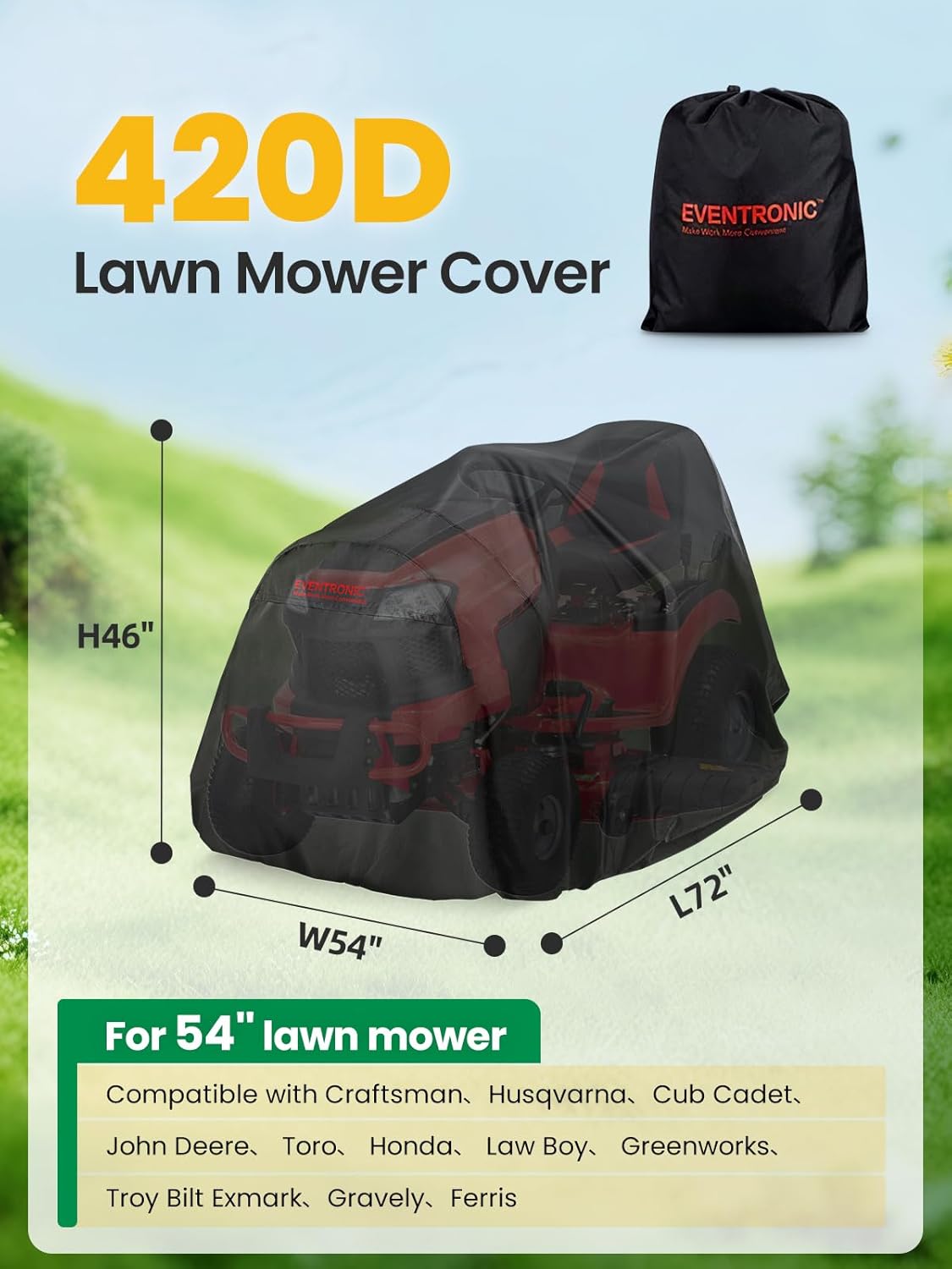 Riding Lawn Mower Cover, 54“ Riding Lawn Tractor Cover Waterproof Heavy Duty Durable 420D-polyester oxford
