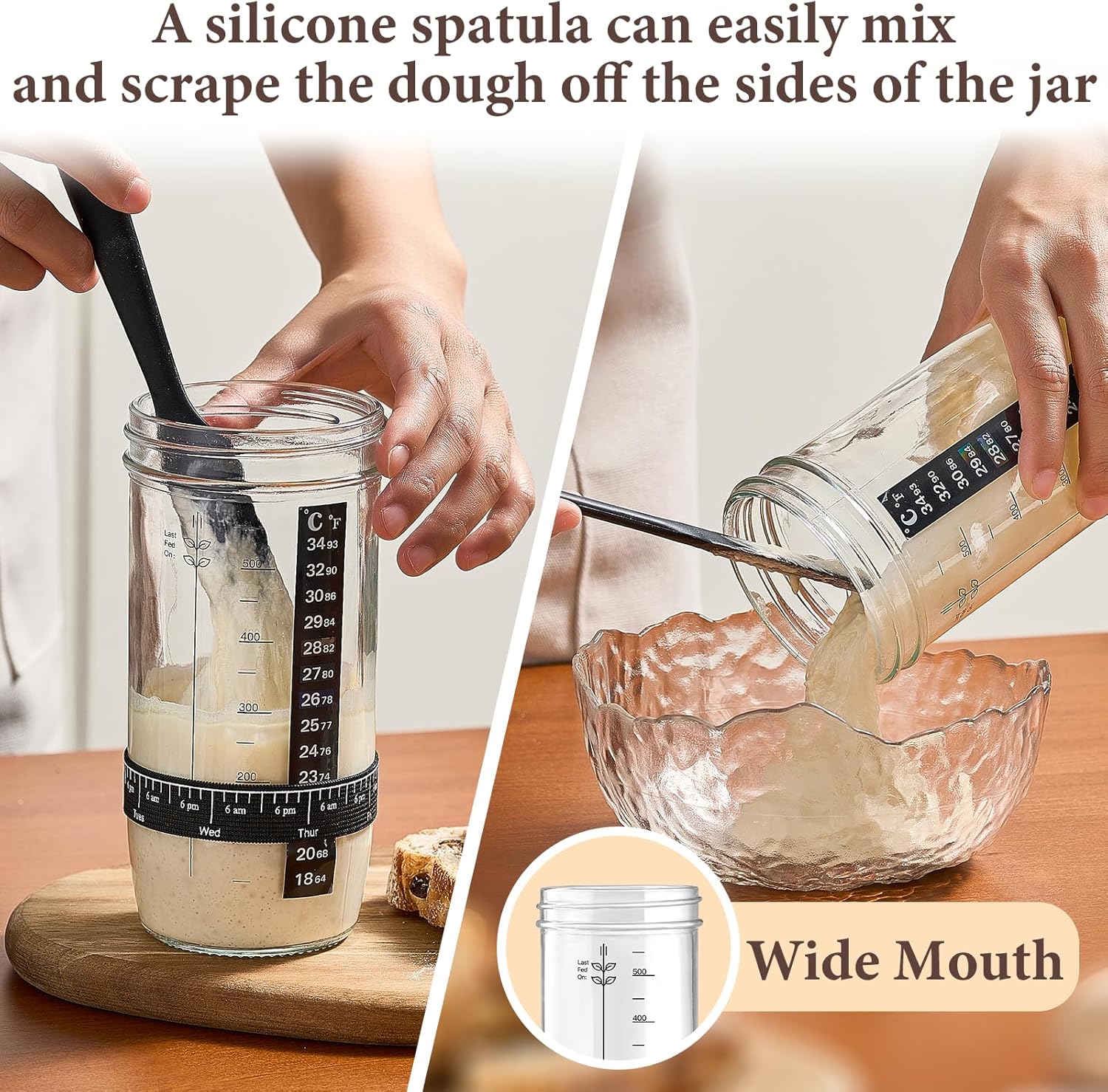 Glass Sourdough Starter Jar 2 Pack, 24 oz Wide Mouth Organic Sourdough Starter Kit with Date Marked Band, Thermometer, Cloth Cover & Metal Lid, Reusable Bread Baking Supplies, Bread Making Accessories