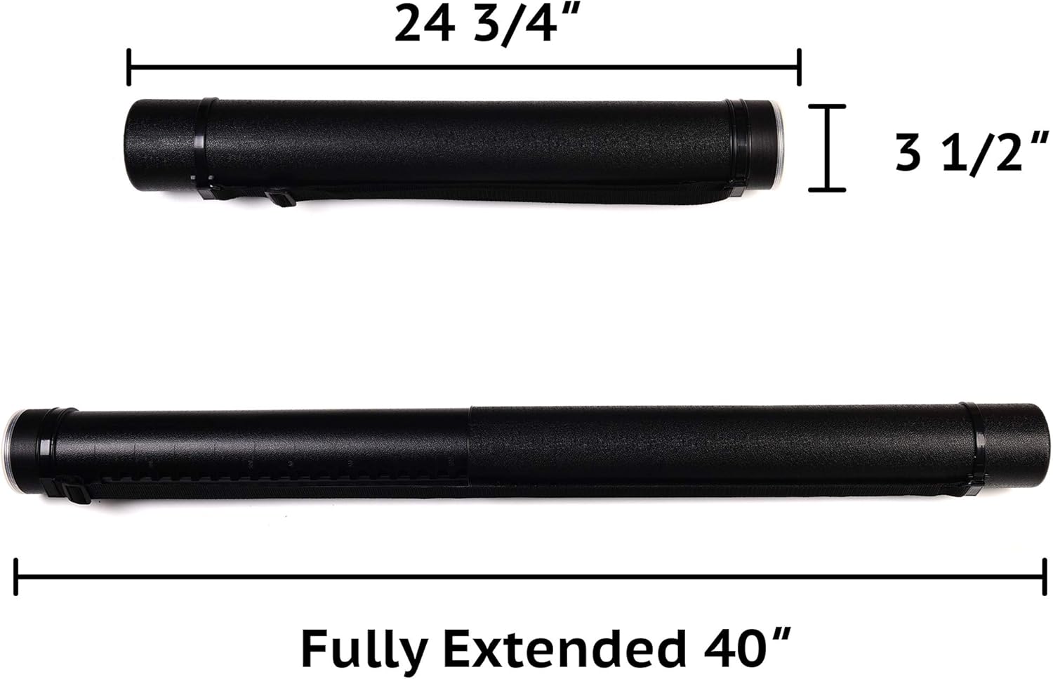 2-Pack Extendable Poster Tubes Expand from 24.5” to 40” with Shoulder Strap | Carry Documents, Blueprints, Drawings and Art | Black Portable Durable Round Storage Cases with Lids and Labels